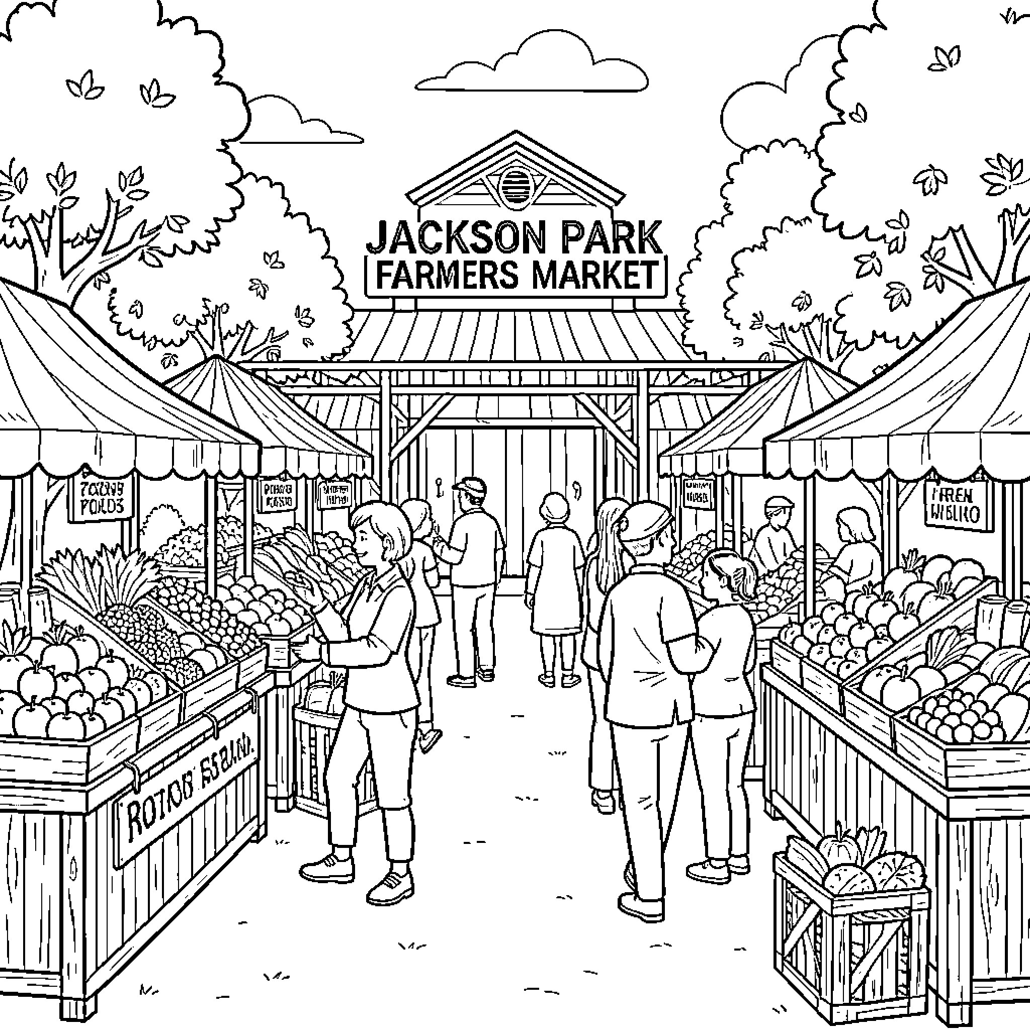 Market scene with people shopping at stalls Coloring Page (free black-and-white line drawing printable PDF for all, from beginners to advanced learners, including children, teens, adults, and seniors)