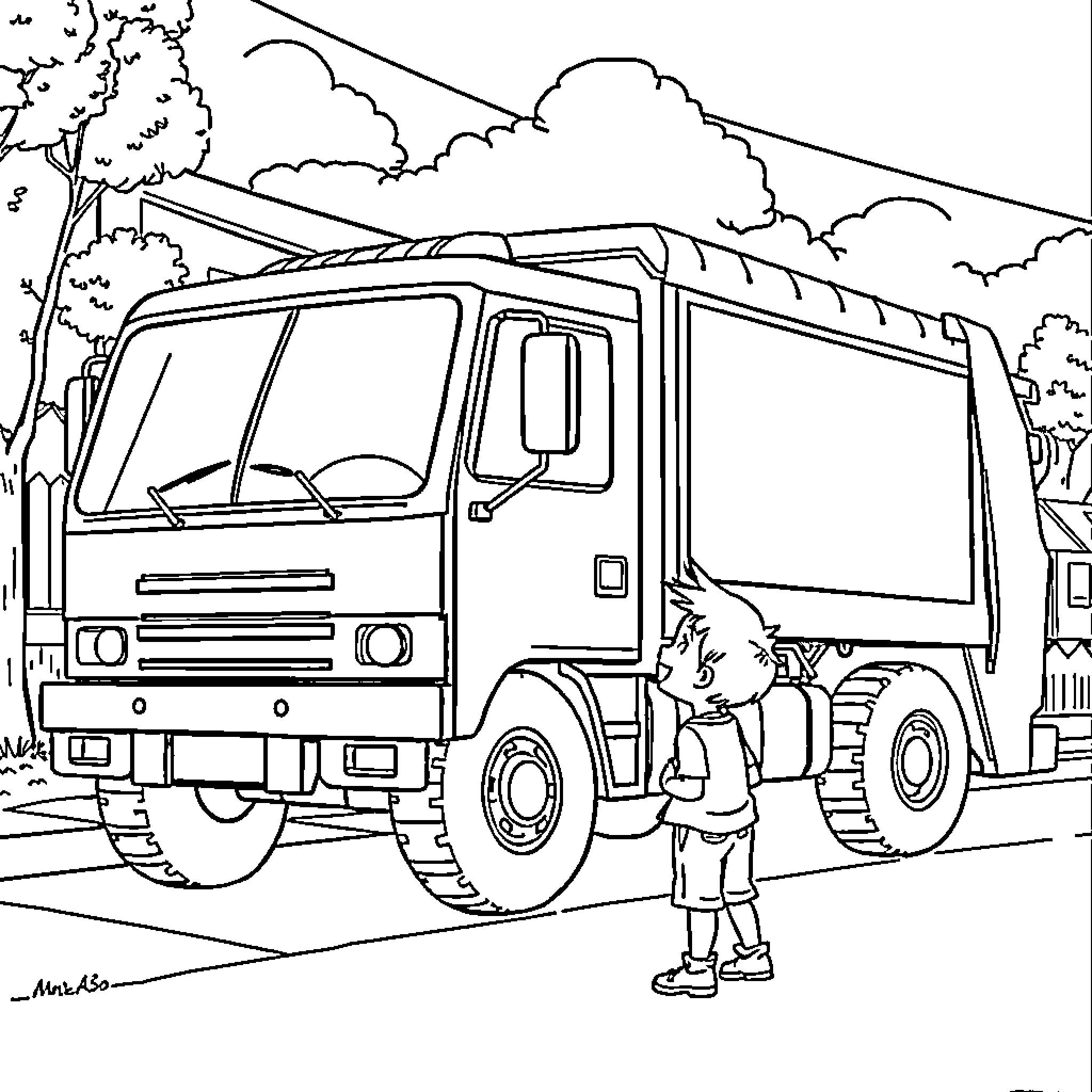 Trash Truck Collecting Garbage in the Neighborhood Coloring Page (free black-and-white line drawing printable PDF for all, from beginners to advanced learners, including children, teens, adults, and seniors)