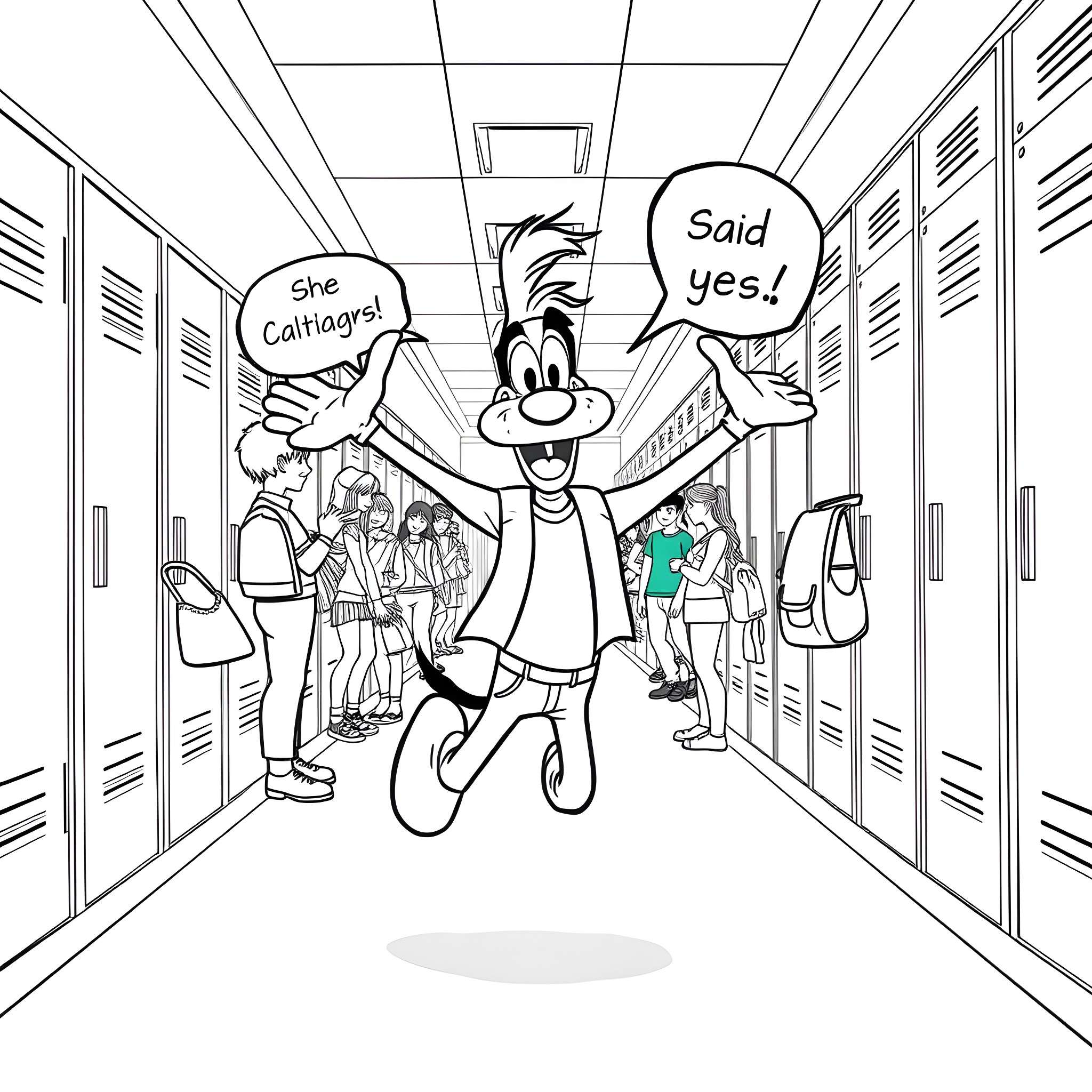 Max's Triumphant Moment in the School Hallway Coloring Page (free black-and-white line drawing printable PDF for all, from beginners to advanced learners, including children, teens, adults, and seniors)