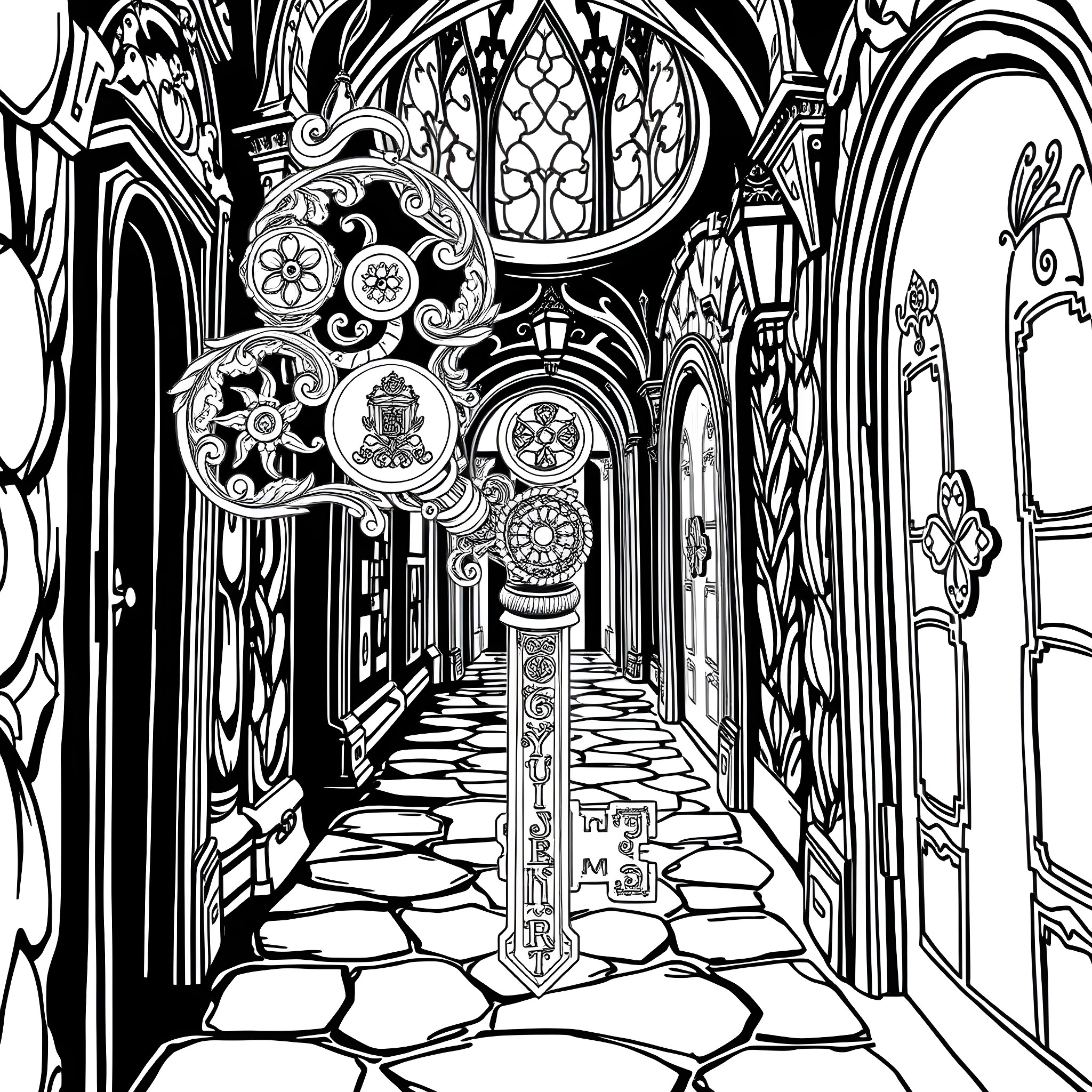 Button Decorated Hallway in Ornate Gothic Architecture Coloring Page (free black-and-white line drawing printable PDF for all, from beginners to advanced learners, including children, teens, adults, and seniors)