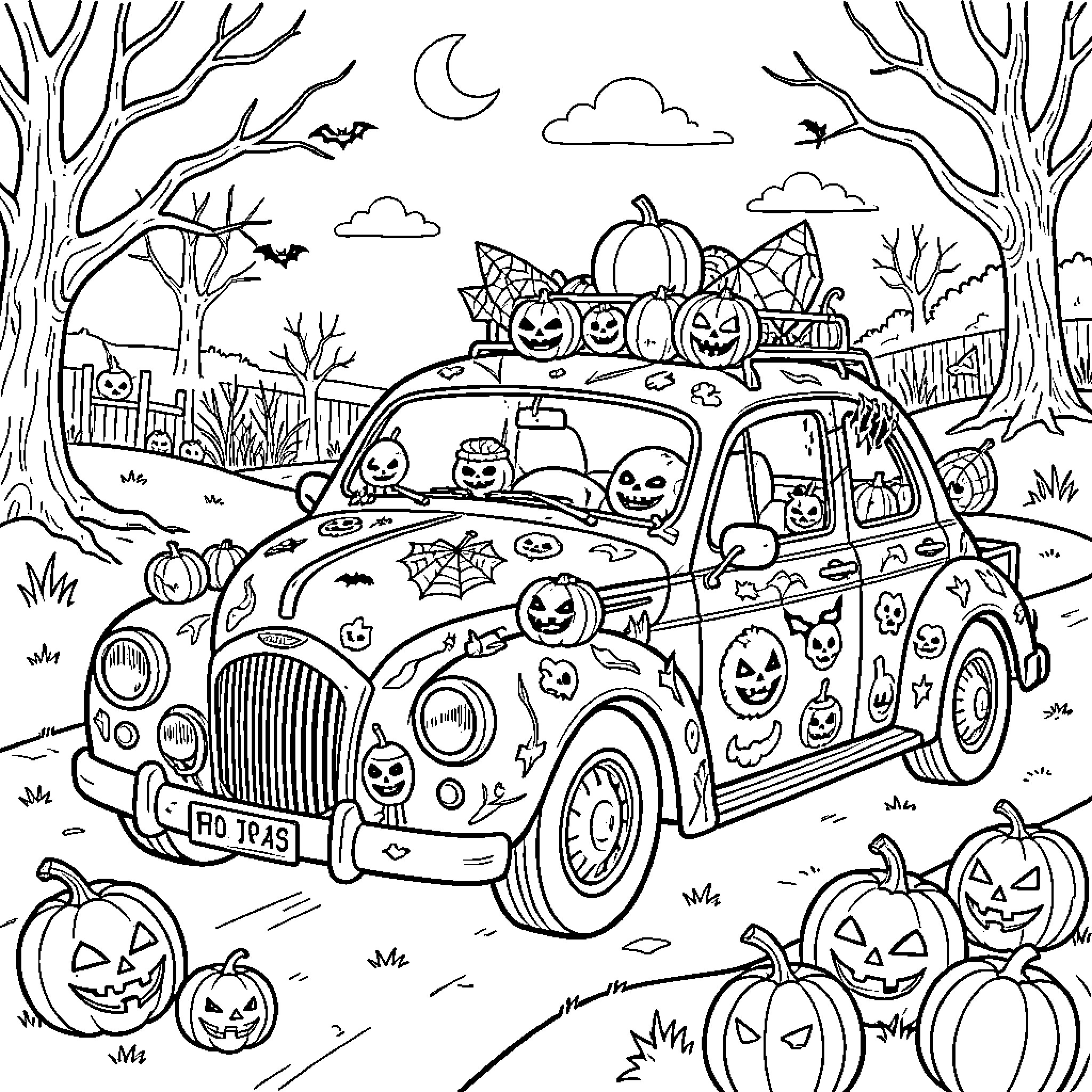 Car decorated with various jack-o'-lanterns in a spooky setting Coloring Page (free black-and-white line drawing printable PDF for all, from beginners to advanced learners, including children, teens, adults, and seniors)