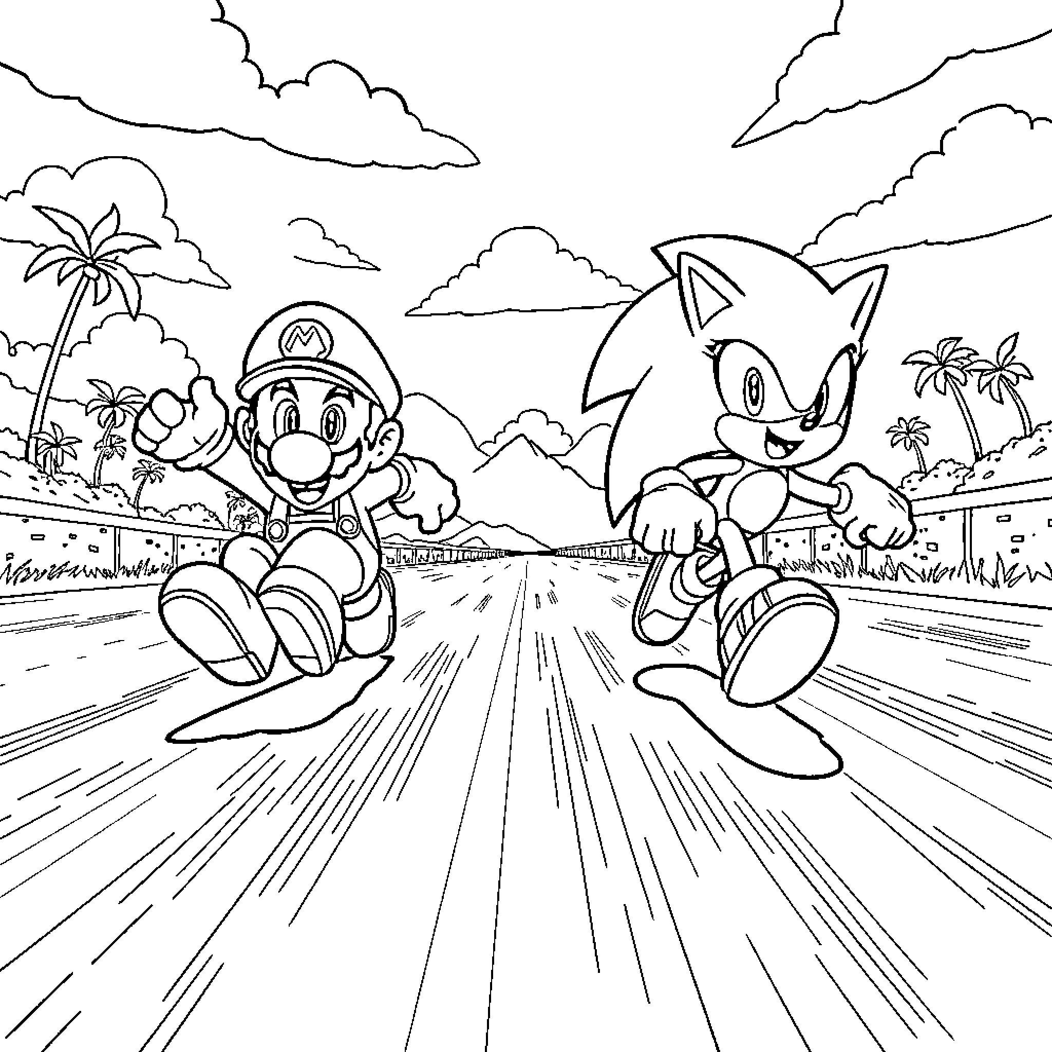 Mario and Sonic racing on a tropical road Coloring Page (free black-and-white line drawing printable PDF for all, from beginners to advanced learners, including children, teens, adults, and seniors)