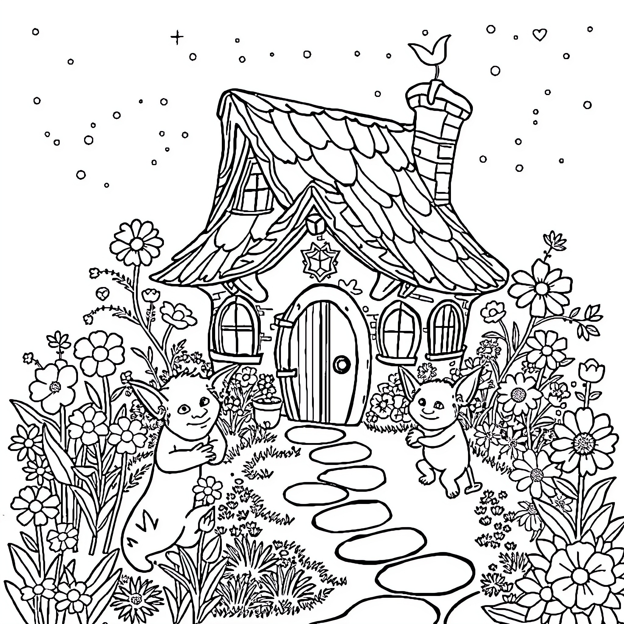Cottage with whimsical creatures in a floral garden Coloring Page (free black-and-white line drawing printable PDF for all, from beginners to advanced learners, including children, teens, adults, and seniors)