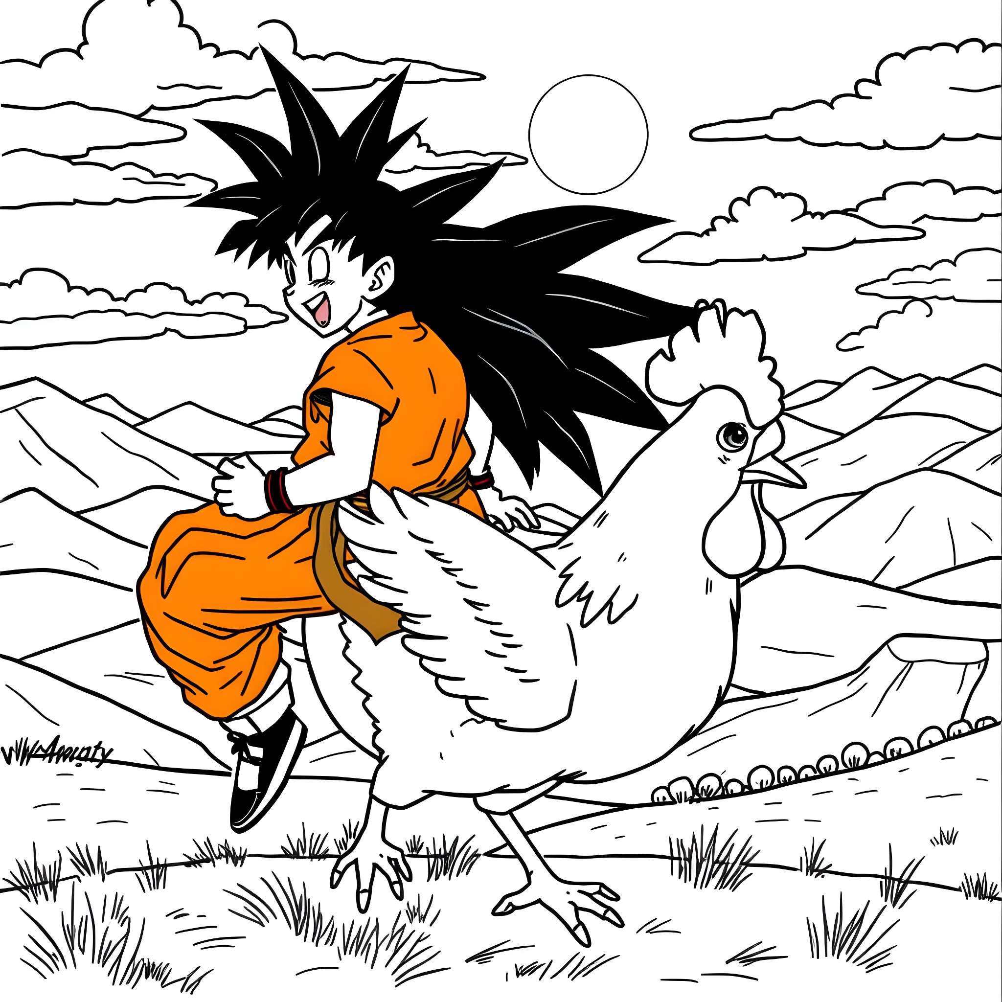 Goku riding a mighty bird through a mountainous landscape Coloring Page (free black-and-white line drawing printable PDF for all, from beginners to advanced learners, including children, teens, adults, and seniors)