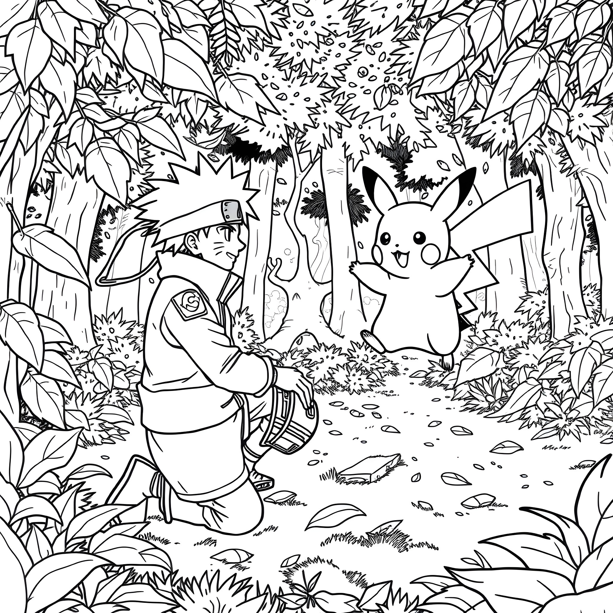 Naruto and Pikachu exploring the forest together Coloring Page (free black-and-white line drawing printable PDF for all, from beginners to advanced learners, including children, teens, adults, and seniors)