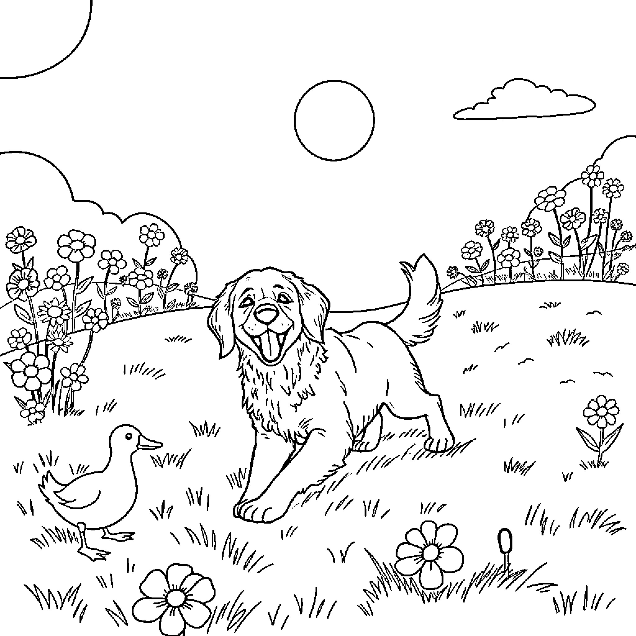 Golden Retriever playing with a duckling in a flowery field Coloring Page (free black-and-white line drawing printable PDF for all, from beginners to advanced learners, including children, teens, adults, and seniors)