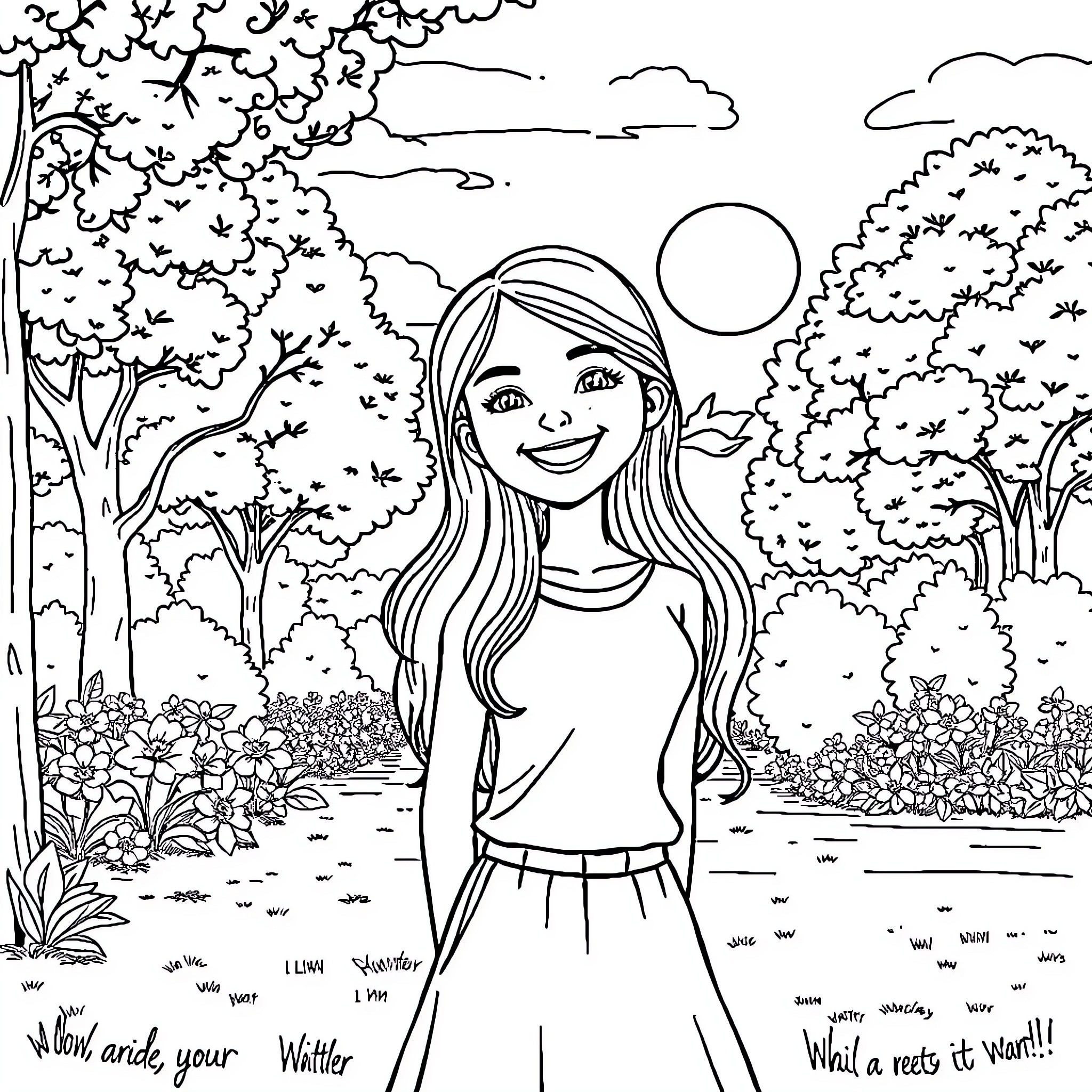 Lina's Joyful Stroll in the Vibrant Landscape Coloring Page (free black-and-white line drawing printable PDF for all, from beginners to advanced learners, including children, teens, adults, and seniors)