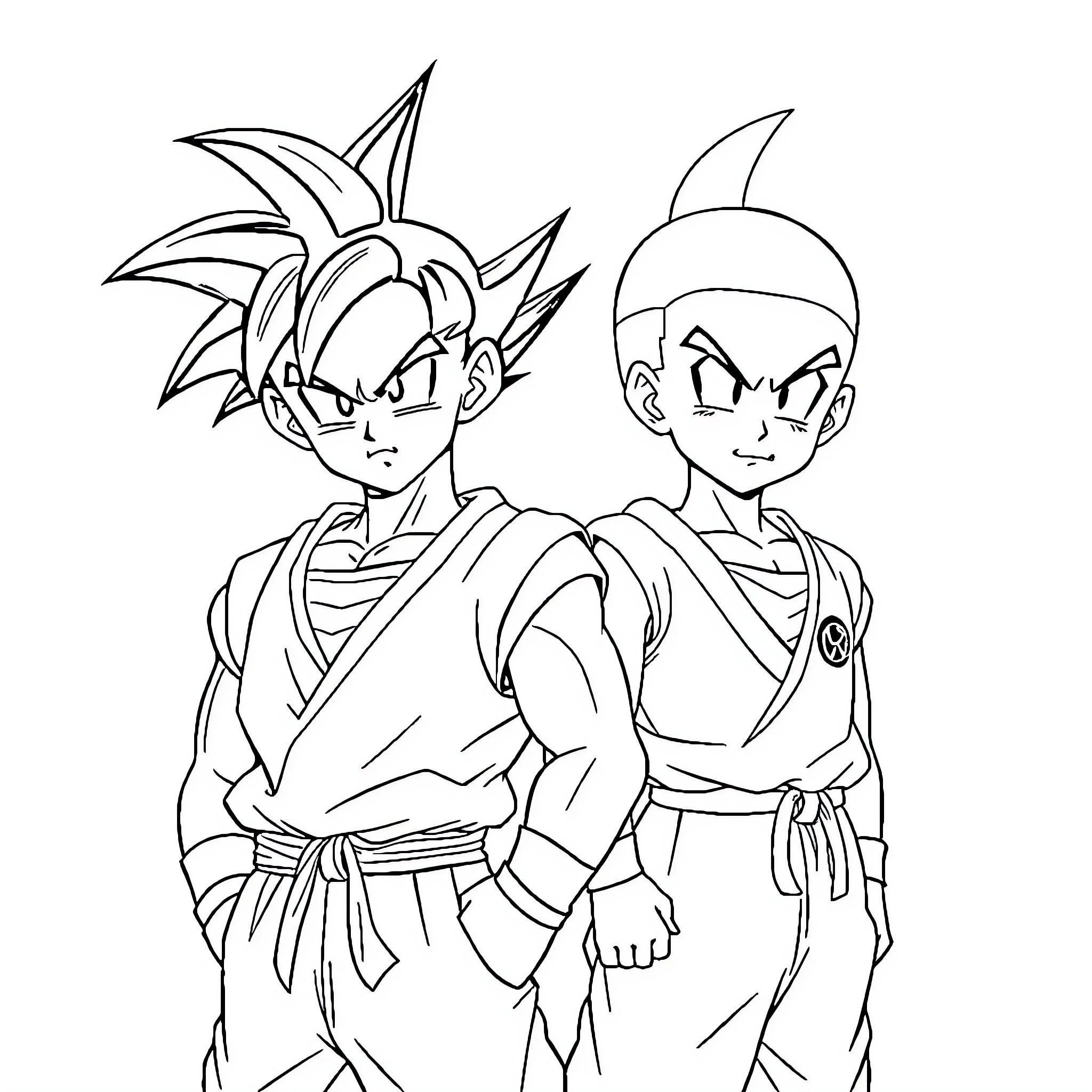 Son Goku and Krillin in Combat Stance Coloring Page (free black-and-white line drawing printable PDF for all, from beginners to advanced learners, including children, teens, adults, and seniors)