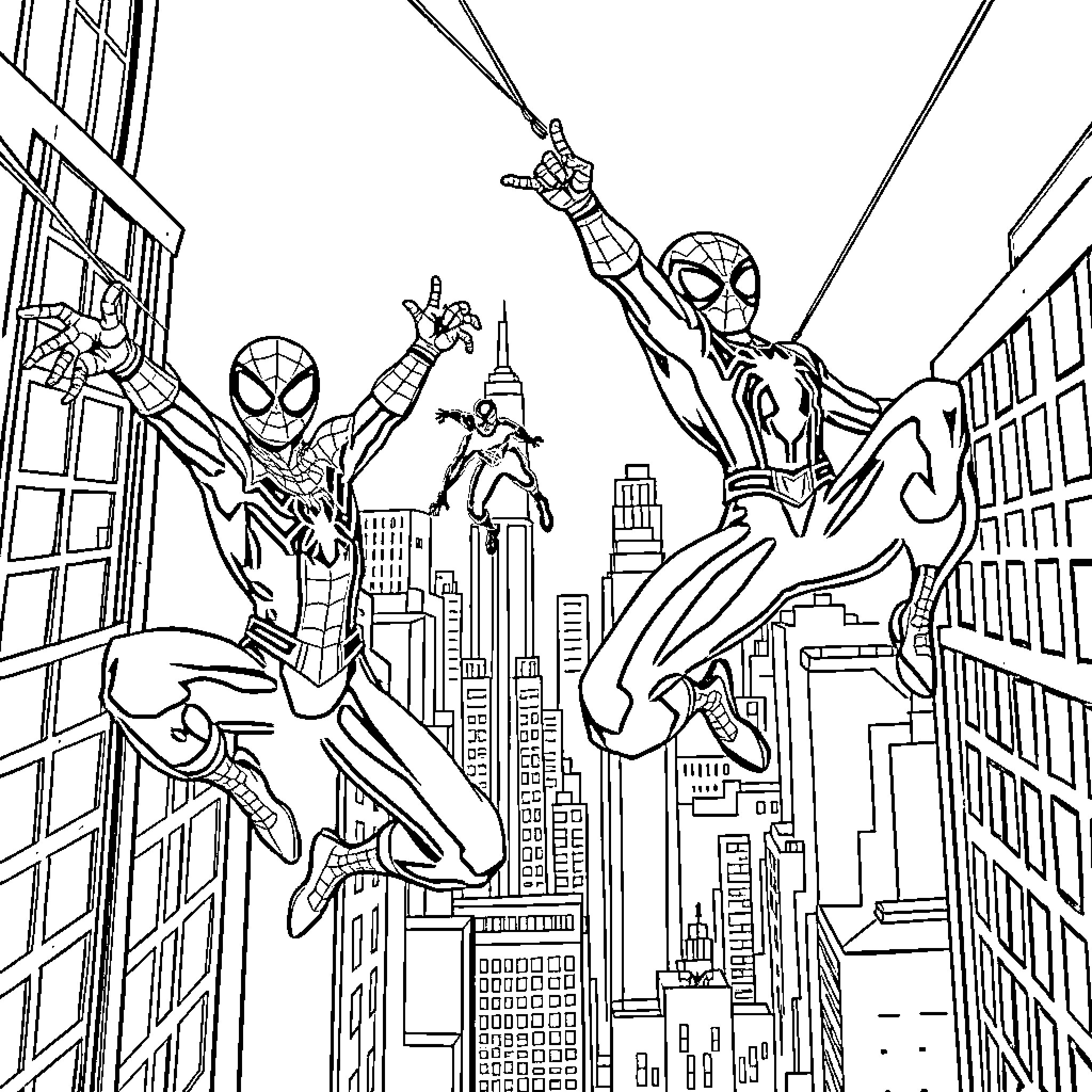 Spider-Man heroically swinging through the city Coloring Page (free black-and-white line drawing printable PDF for all, from beginners to advanced learners, including children, teens, adults, and seniors)