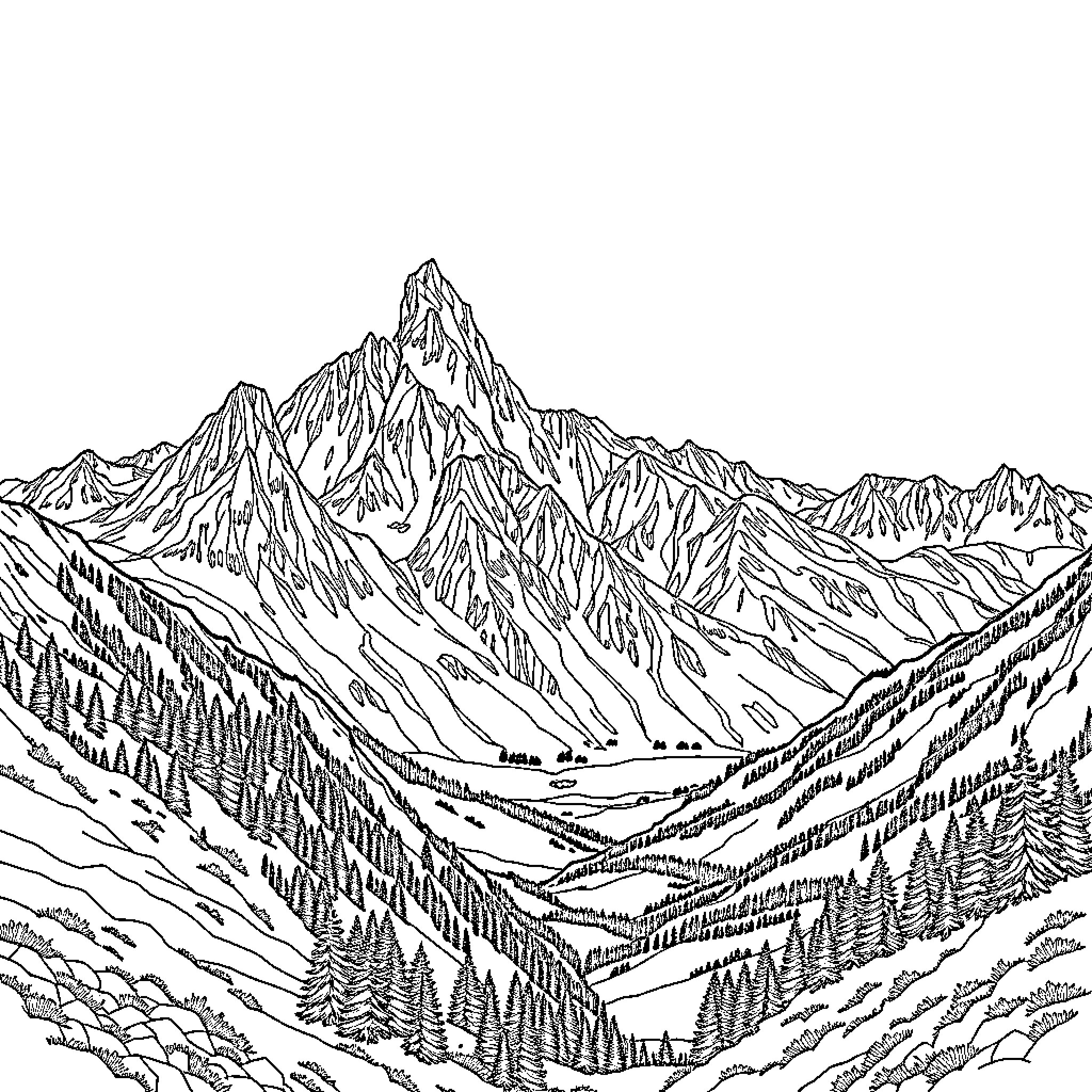 Mountain Landscape with Rugged Peaks and Forested Valleys Coloring Page (free black-and-white line drawing printable PDF for all, from beginners to advanced learners, including children, teens, adults, and seniors)