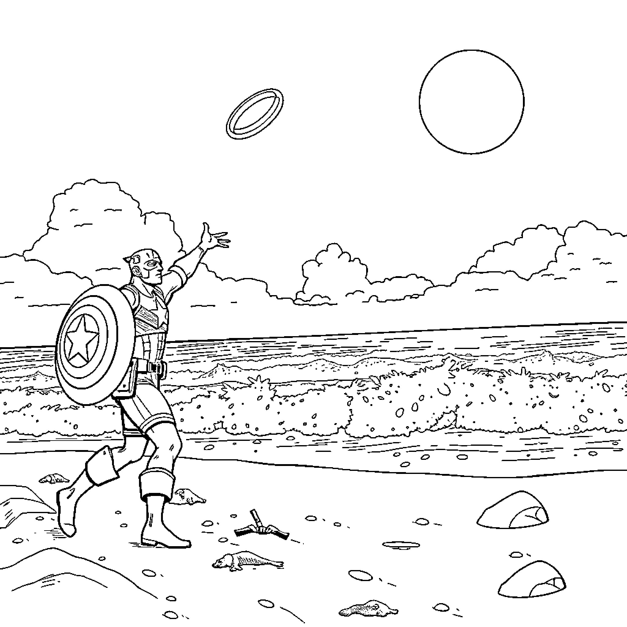 Captain America throwing shield on the beach Coloring Page (free black-and-white line drawing printable PDF for all, from beginners to advanced learners, including children, teens, adults, and seniors)