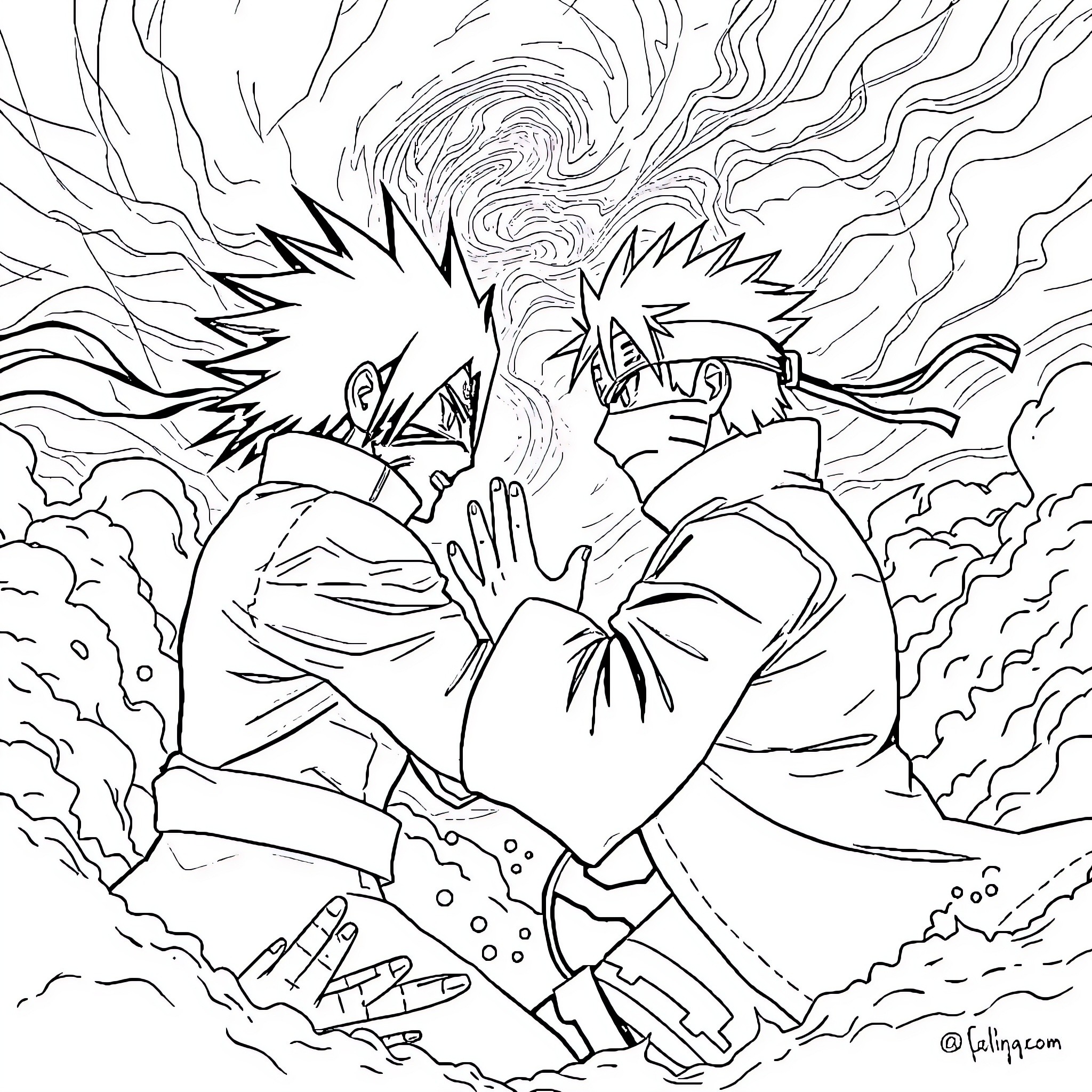 Gojo's Powerful Clash in Intense Confrontation Coloring Page (free black-and-white line drawing printable PDF for all, from beginners to advanced learners, including children, teens, adults, and seniors)