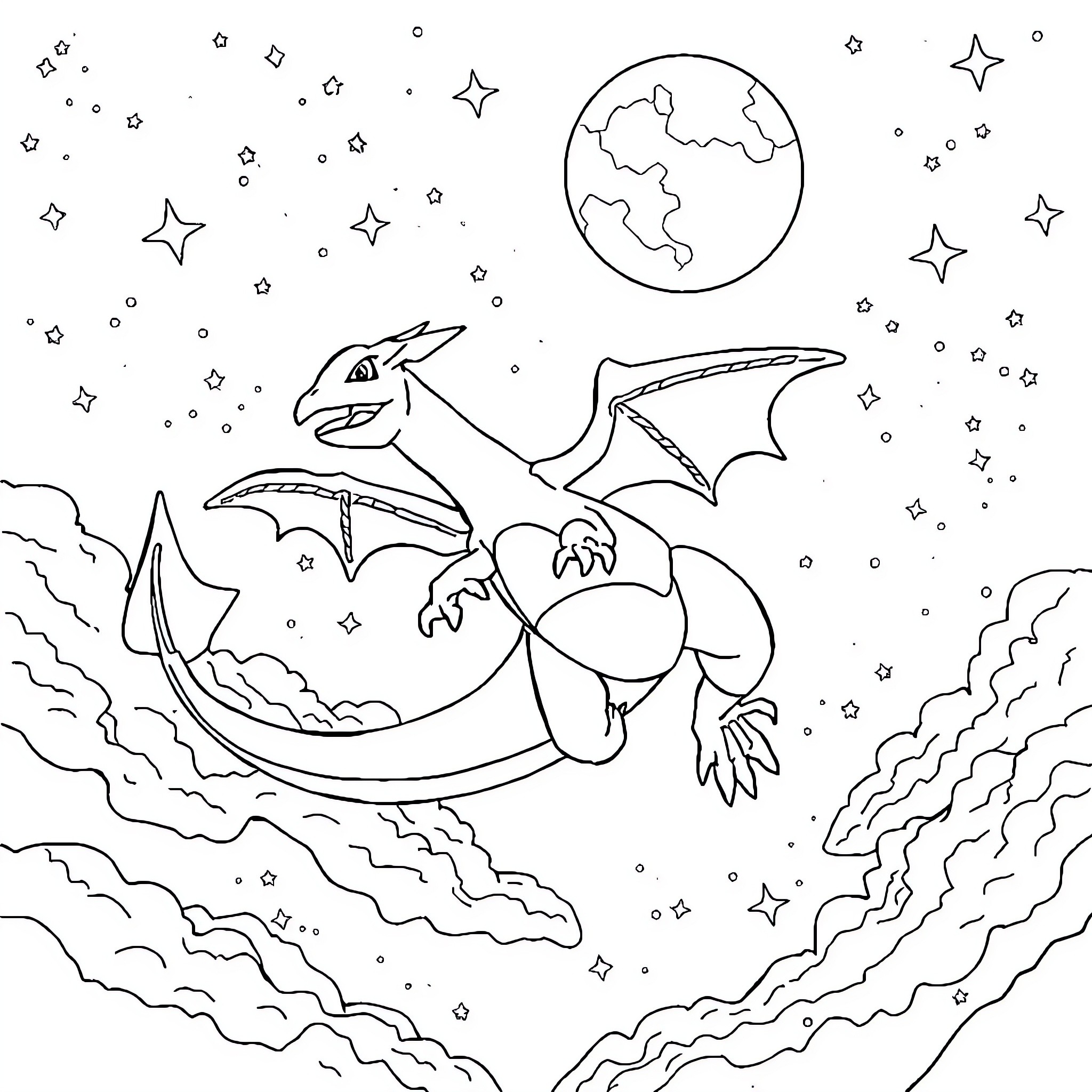 Charizard soaring through the cosmic sky Coloring Page (free black-and-white line drawing printable PDF for all, from beginners to advanced learners, including children, teens, adults, and seniors)