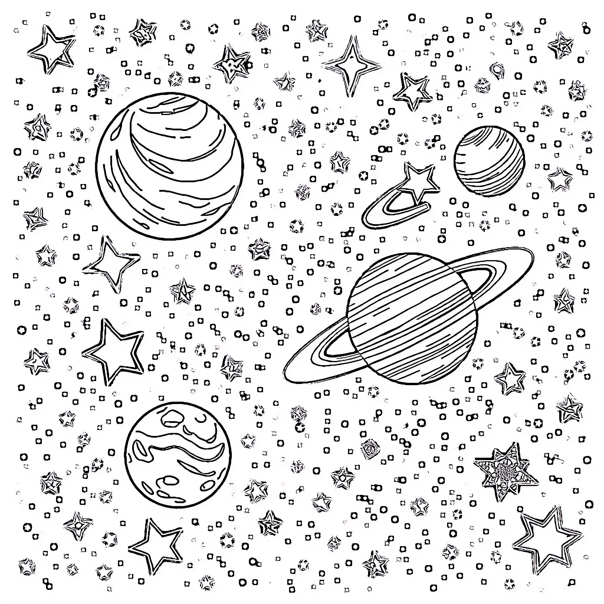 Stars and Celestial Bodies in the Cosmos Coloring Page (free black-and-white line drawing printable PDF for all, from beginners to advanced learners, including children, teens, adults, and seniors)