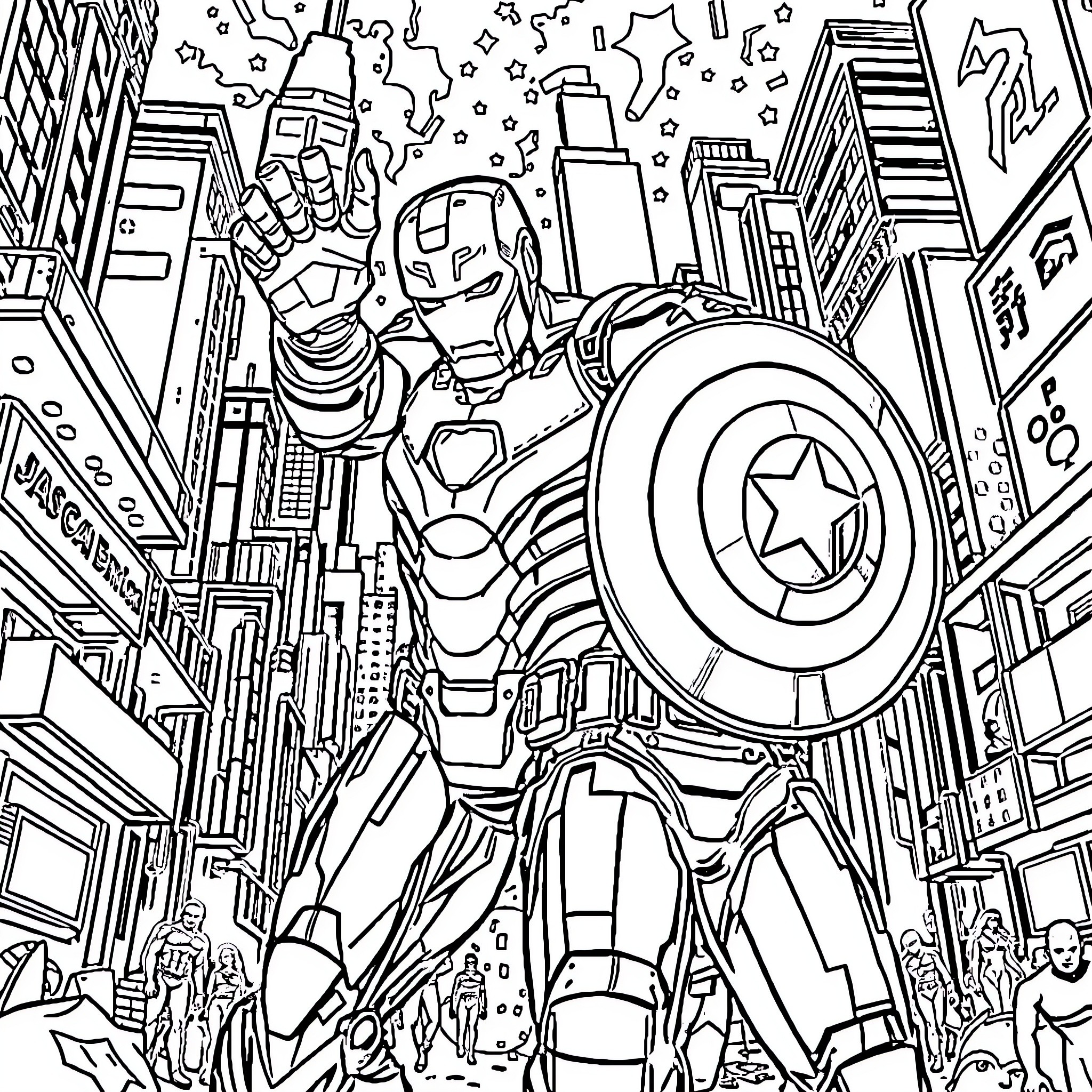 Iron Man heroically defending the city Coloring Page (free black-and-white line drawing printable PDF for all, from beginners to advanced learners, including children, teens, adults, and seniors)