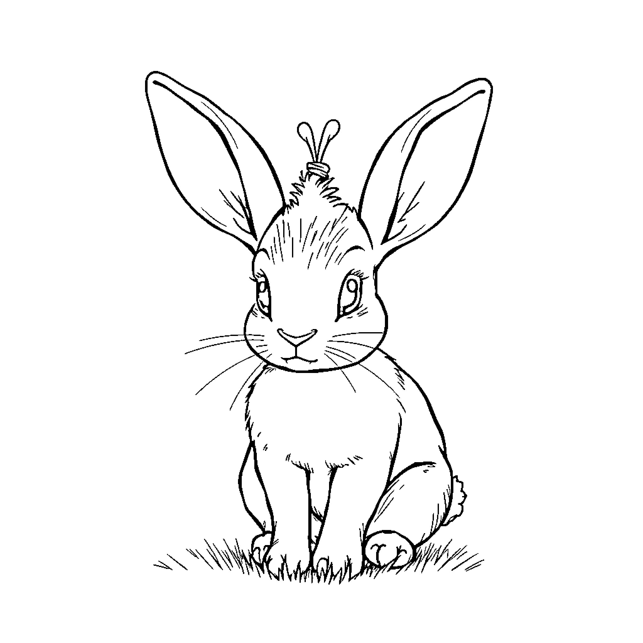 Rabbit looking alert in the field Coloring Page (free black-and-white line drawing printable PDF for all, from beginners to advanced learners, including children, teens, adults, and seniors)