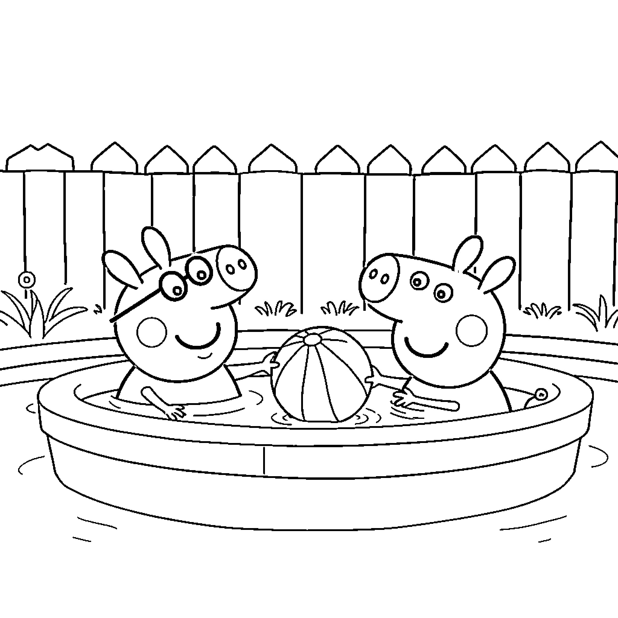 Peppa Pig playing with a ball in a pool Coloring Page (free black-and-white line drawing printable PDF for all, from beginners to advanced learners, including children, teens, adults, and seniors)