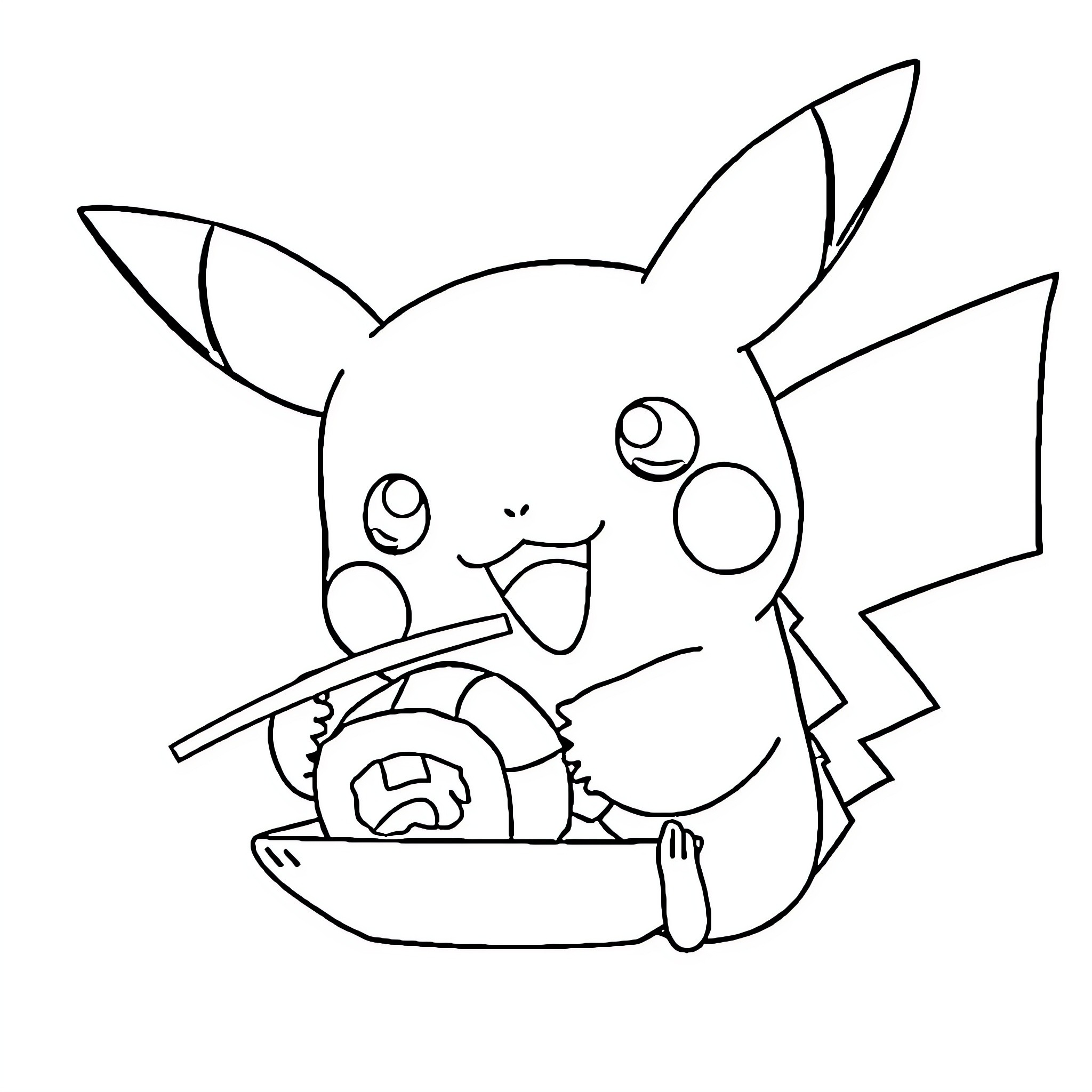 Pikachu enjoying a snack in a bowl Coloring Page (free black-and-white line drawing printable PDF for all, from beginners to advanced learners, including children, teens, adults, and seniors)