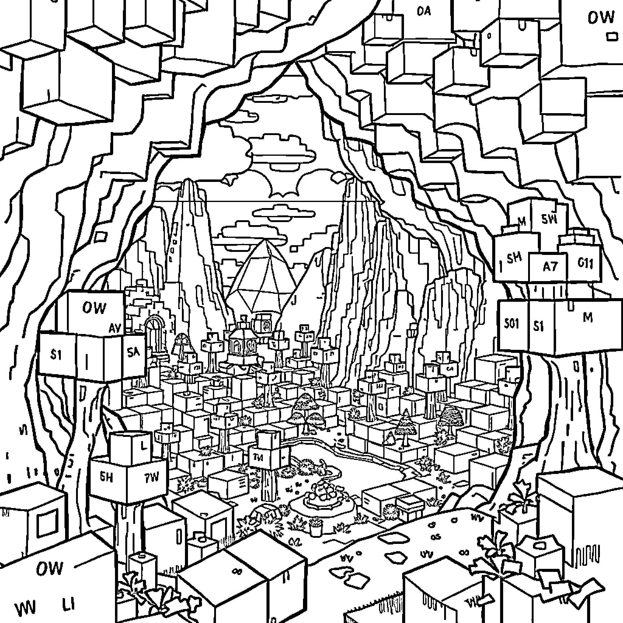 Minecraft city in a mountainous landscape Coloring Page (free black-and-white line drawing printable PDF for all, from beginners to advanced learners, including children, teens, adults, and seniors)