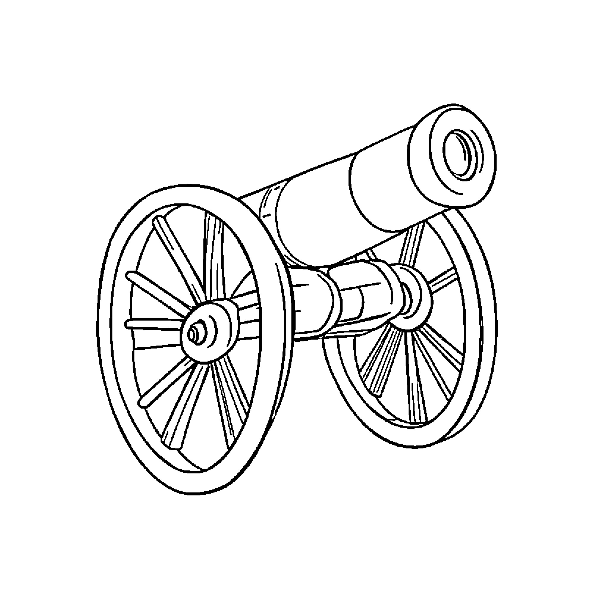Cannon with Wooden Wheels and Barrel Coloring Page (free black-and-white line drawing printable PDF for all, from beginners to advanced learners, including children, teens, adults, and seniors)