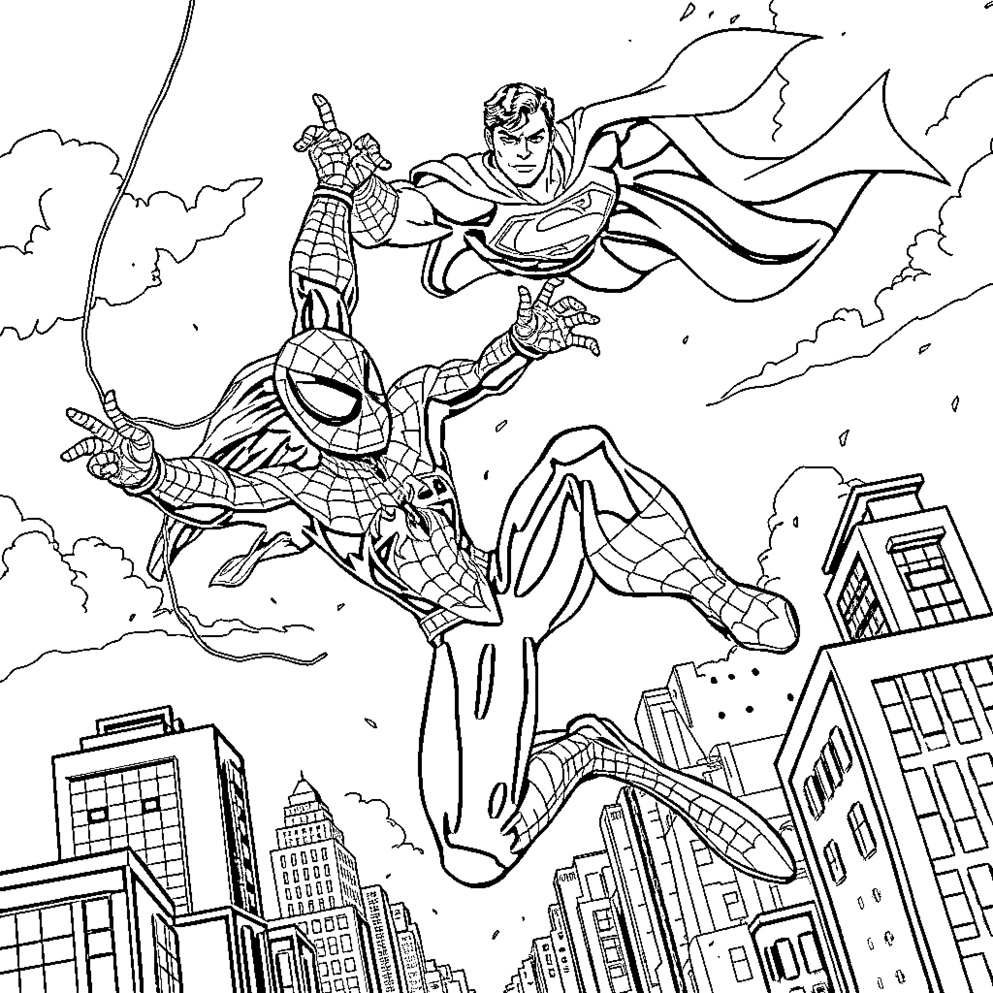 Spiderman swinging through the city with heroic action Coloring Page (free black-and-white line drawing printable PDF for all, from beginners to advanced learners, including children, teens, adults, and seniors)