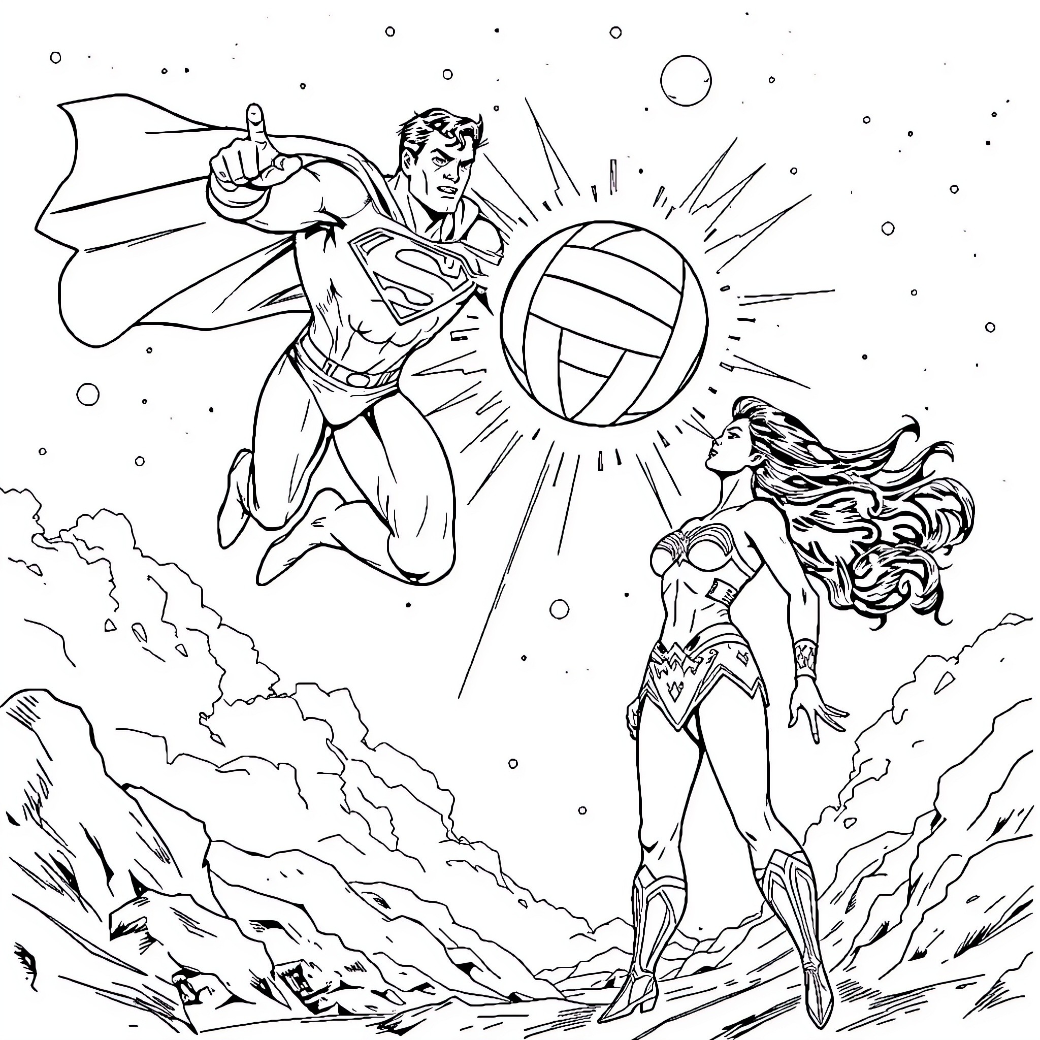 Superman and Wonder Woman battling in the cosmos Coloring Page (free black-and-white line drawing printable PDF for all, from beginners to advanced learners, including children, teens, adults, and seniors)