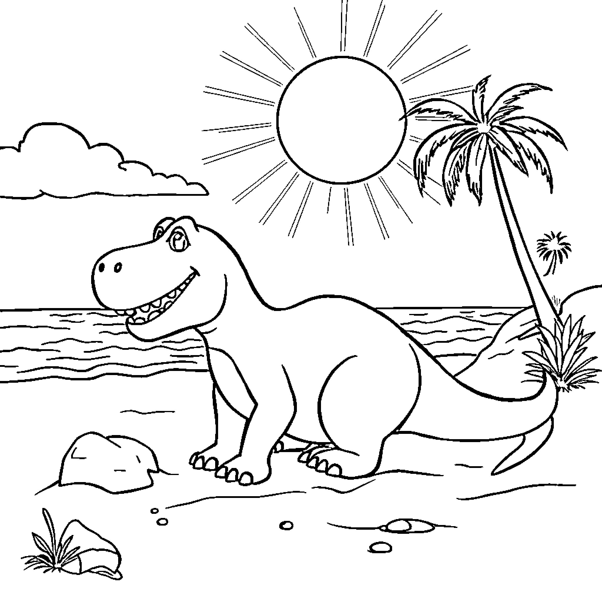 Barney's Sunny Beach Adventure Coloring Page (free black-and-white line drawing printable PDF for all, from beginners to advanced learners, including children, teens, adults, and seniors)