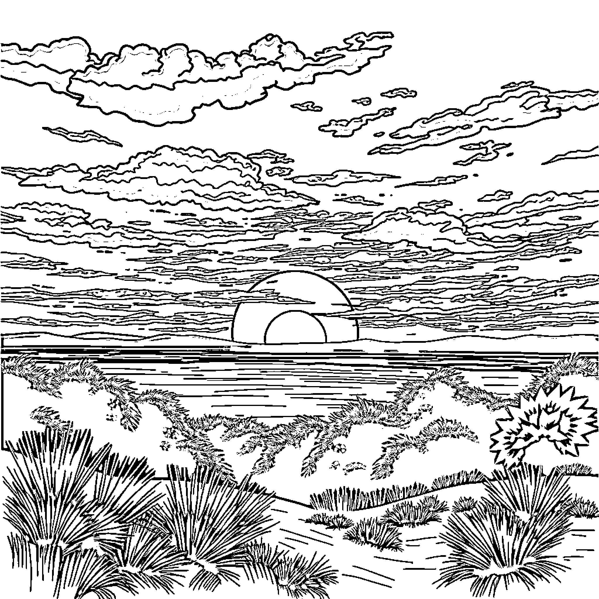 Sunset over serene landscape with lush vegetation Coloring Page (free black-and-white line drawing printable PDF for all, from beginners to advanced learners, including children, teens, adults, and seniors)