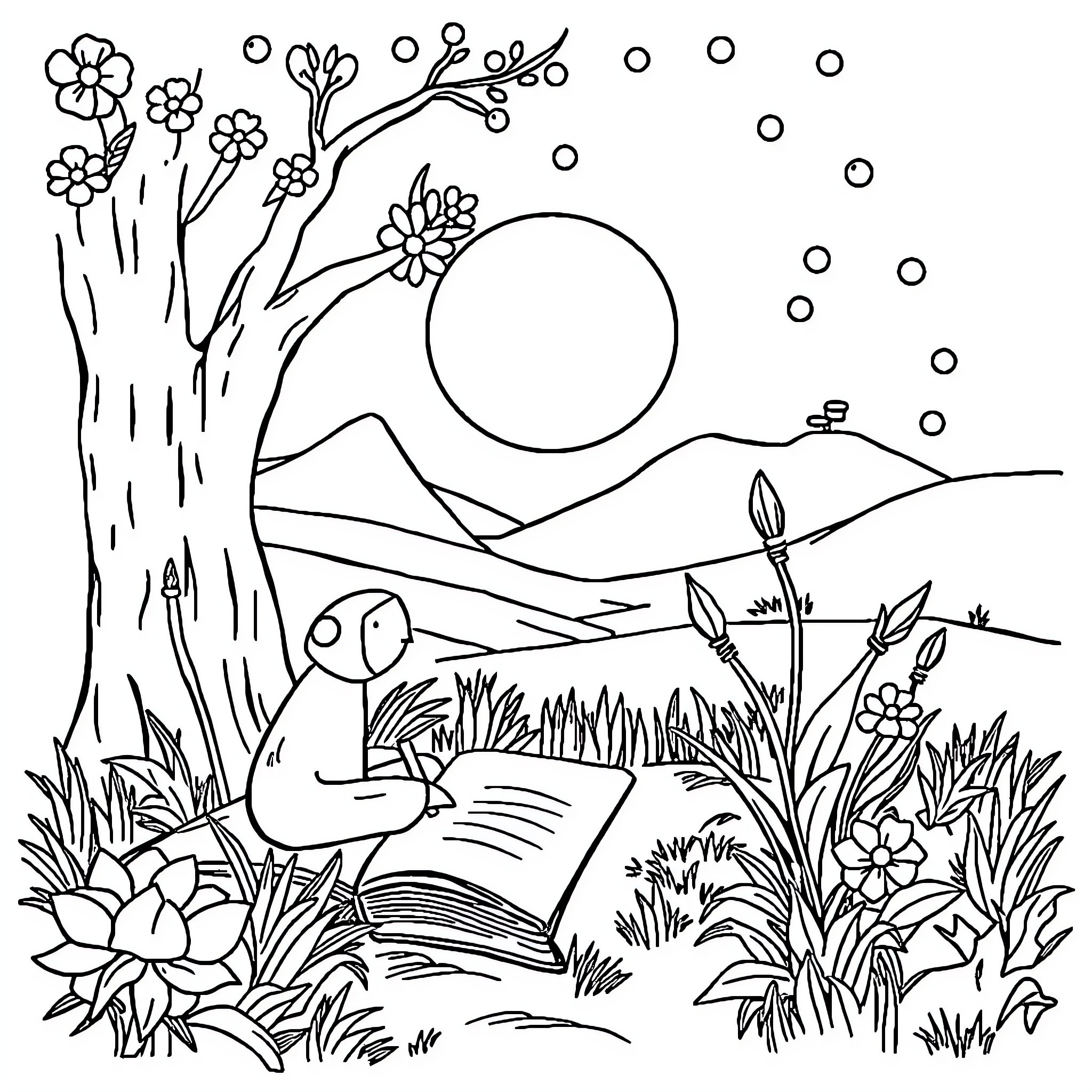 Writing Templates for Serene Nature Scenes Coloring Page (free black-and-white line drawing printable PDF for all, from beginners to advanced learners, including children, teens, adults, and seniors)