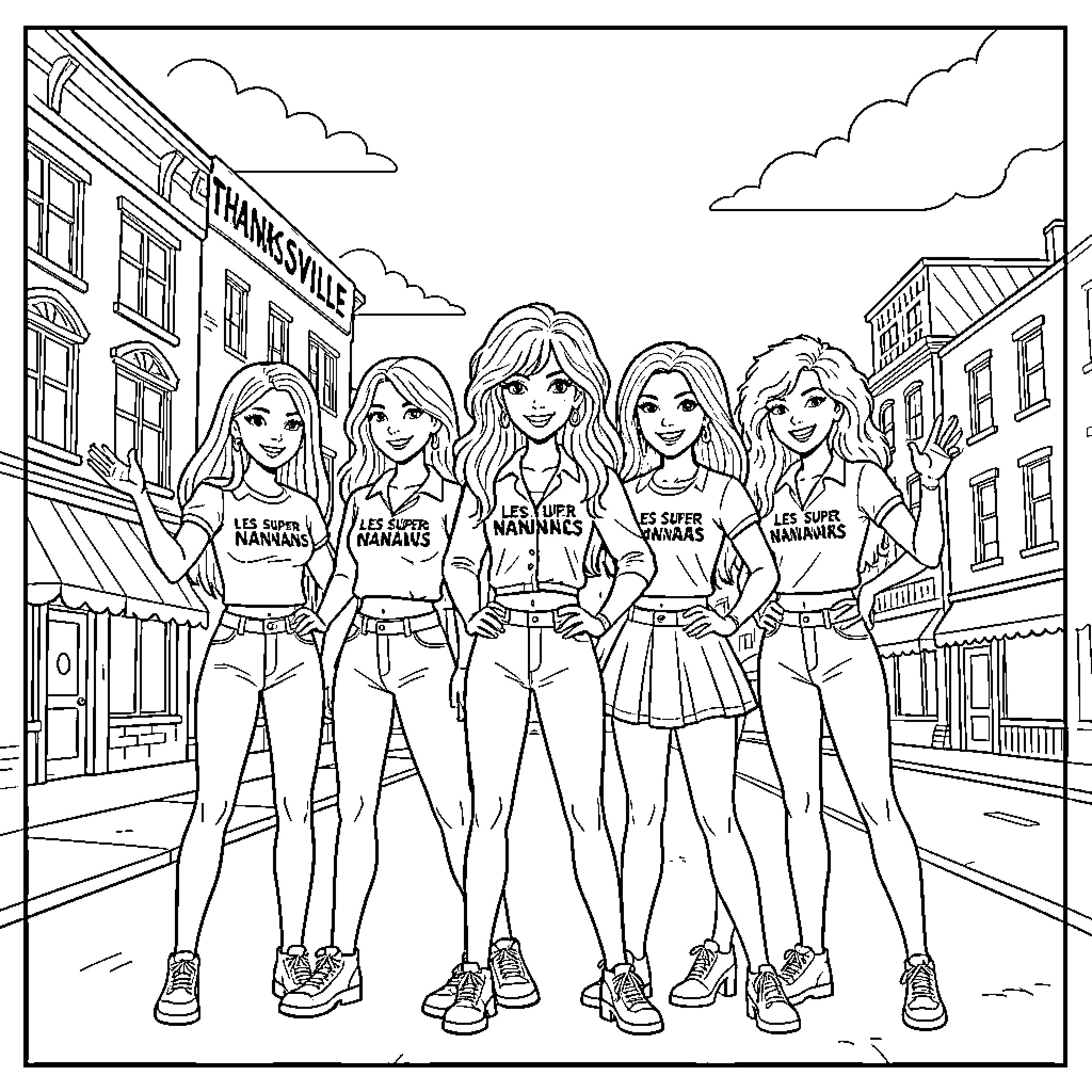 Powerpuff Girls posing confidently on a city street Coloring Page (free black-and-white line drawing printable PDF for all, from beginners to advanced learners, including children, teens, adults, and seniors)