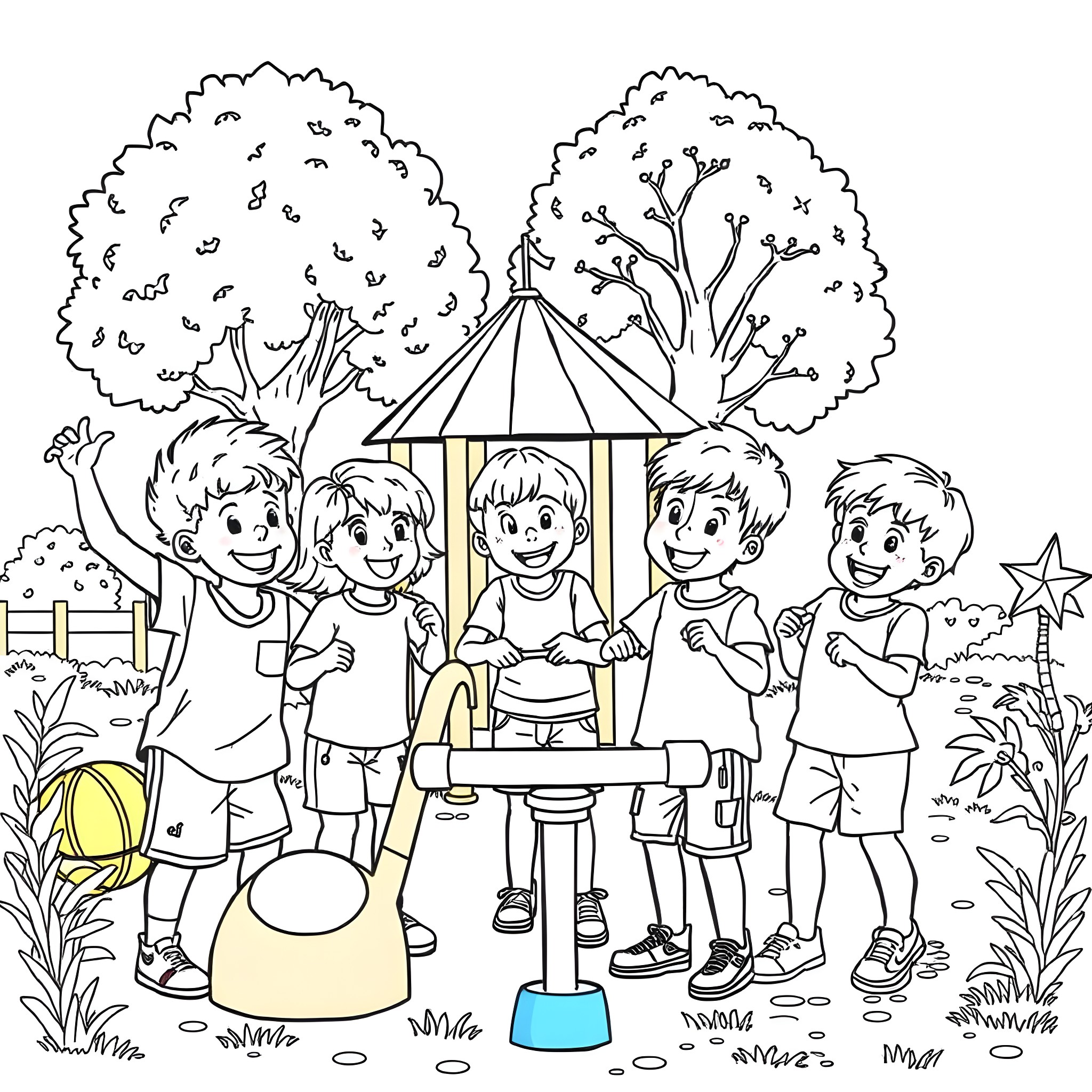Kid friends enjoying outdoor playground equipment Coloring Page (free black-and-white line drawing printable PDF for all, from beginners to advanced learners, including children, teens, adults, and seniors)