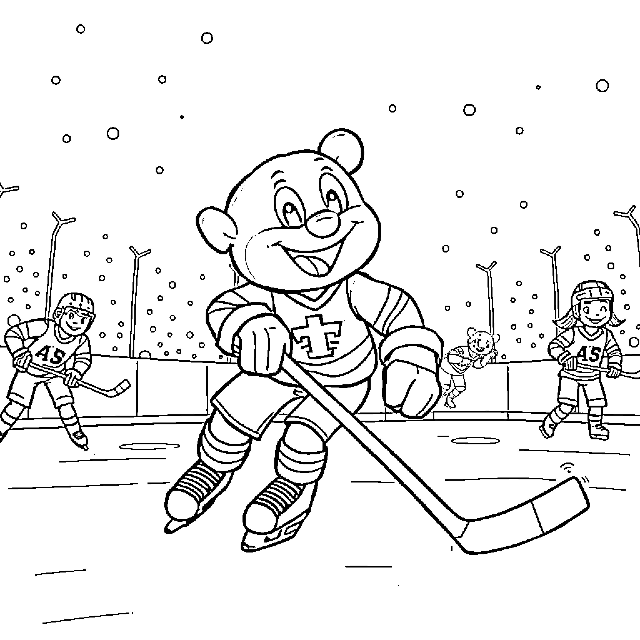 Bluey playing hockey with friends on ice rink Coloring Page (free black-and-white line drawing printable PDF for all, from beginners to advanced learners, including children, teens, adults, and seniors)