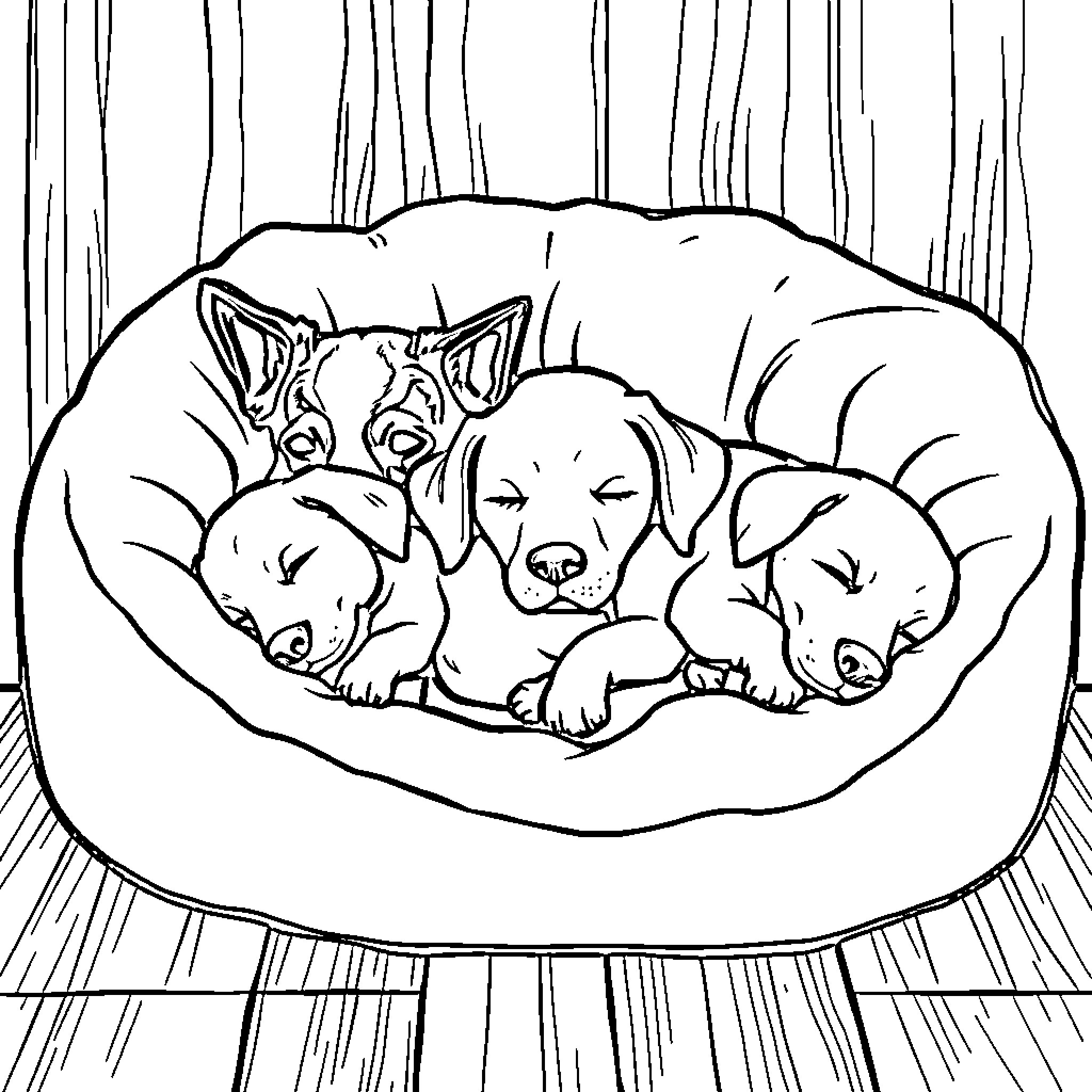 Dog puppies snuggling in a cozy bed Coloring Page (free black-and-white line drawing printable PDF for all, from beginners to advanced learners, including children, teens, adults, and seniors)