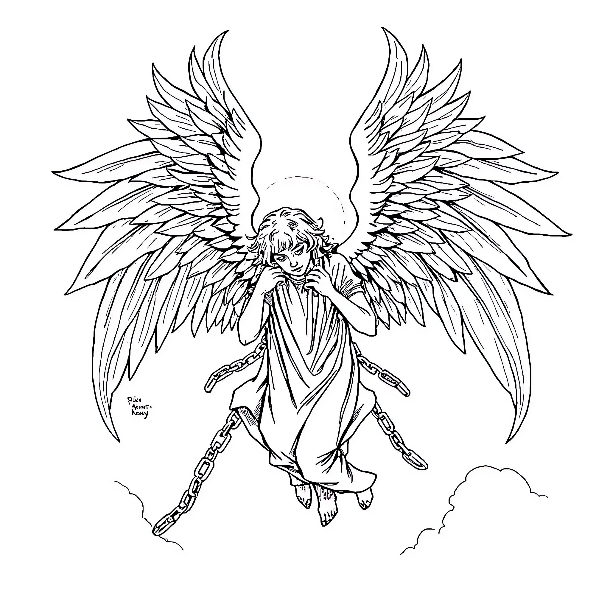 Angel Soaring with Majestic Wings Coloring Page (free black-and-white line drawing printable PDF for all, from beginners to advanced learners, including children, teens, adults, and seniors)
