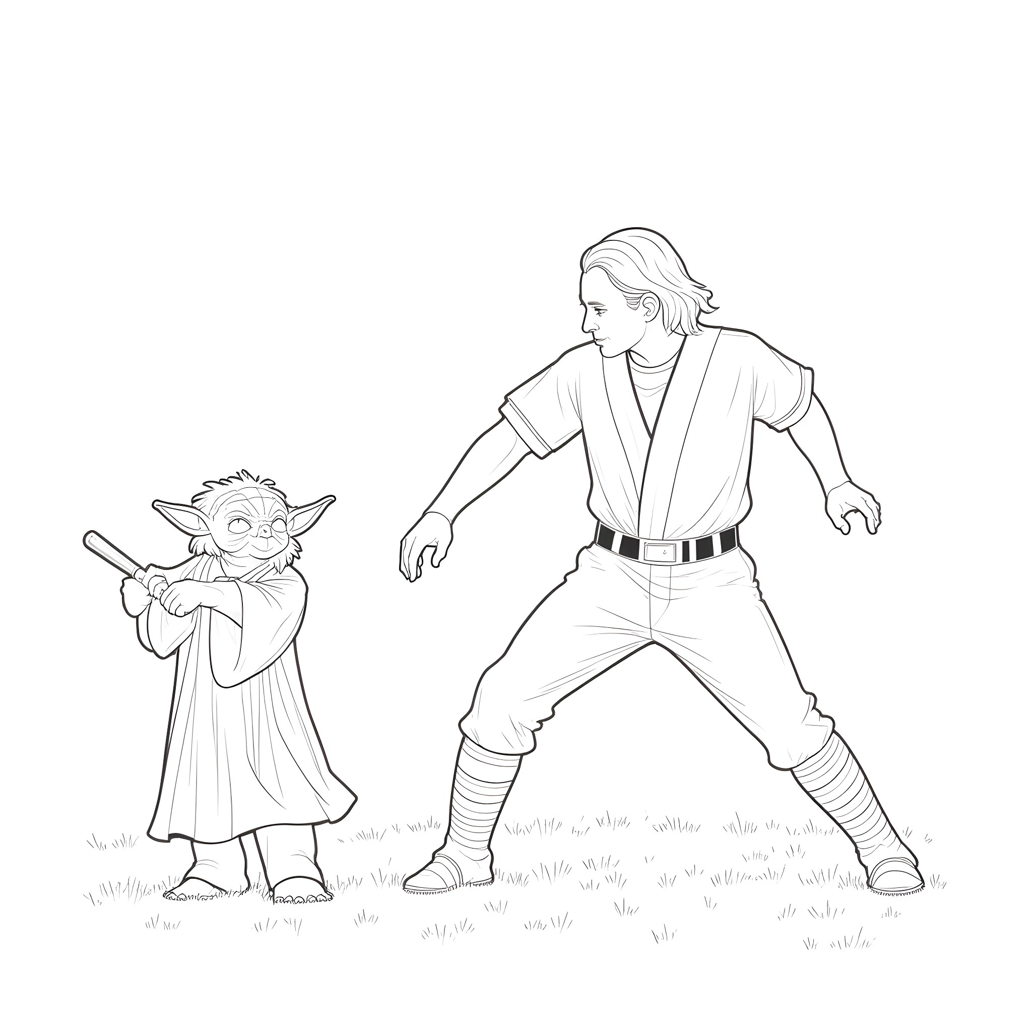 Yoda and Jedi Knight Training in the Field Coloring Page (free black-and-white line drawing printable PDF for all, from beginners to advanced learners, including children, teens, adults, and seniors)