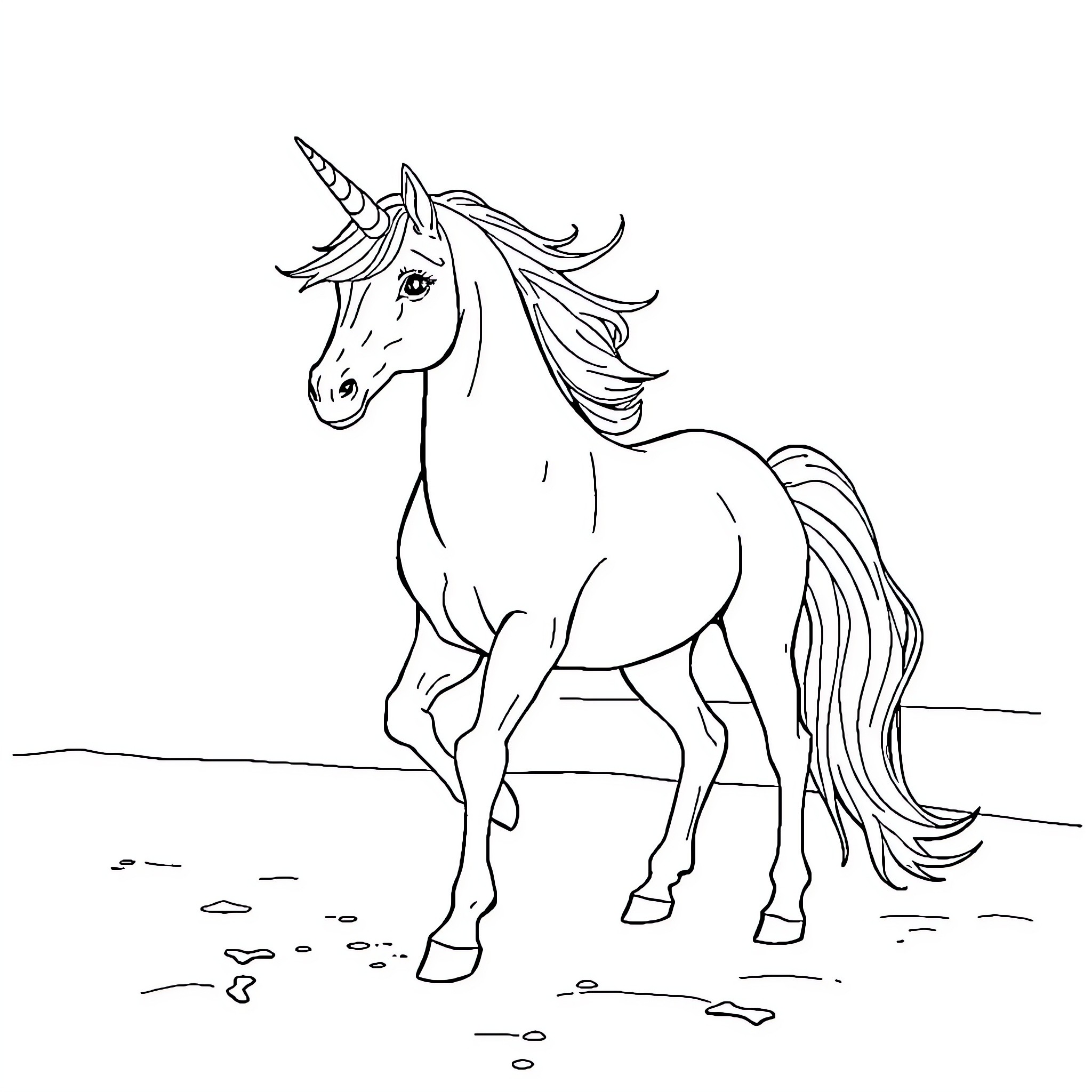 Unicorn galloping gracefully through the field Coloring Page (free black-and-white line drawing printable PDF for all, from beginners to advanced learners, including children, teens, adults, and seniors)