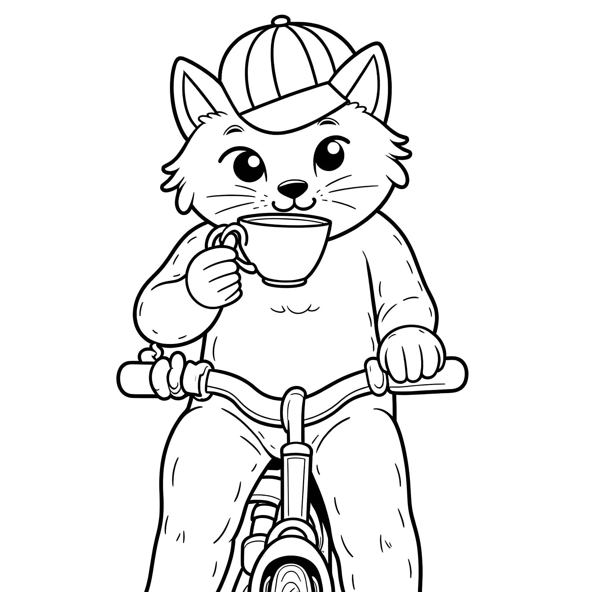 Cat riding a bicycle and drinking a cup Coloring Page (free black-and-white line drawing printable PDF for all, from beginners to advanced learners, including children, teens, adults, and seniors)