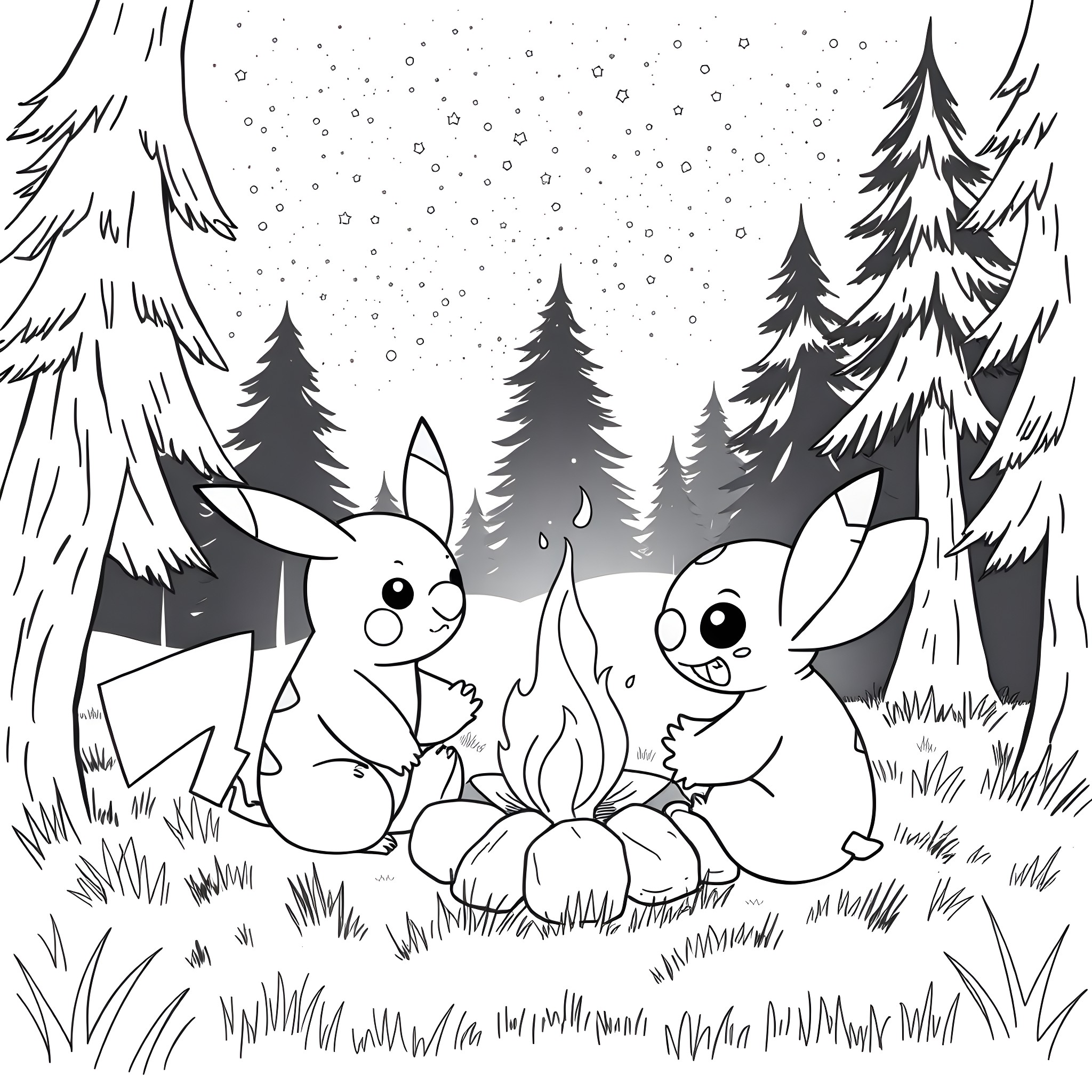 Pikachu enjoying a cozy campfire in the winter forest Coloring Page (free black-and-white line drawing printable PDF for all, from beginners to advanced learners, including children, teens, adults, and seniors)