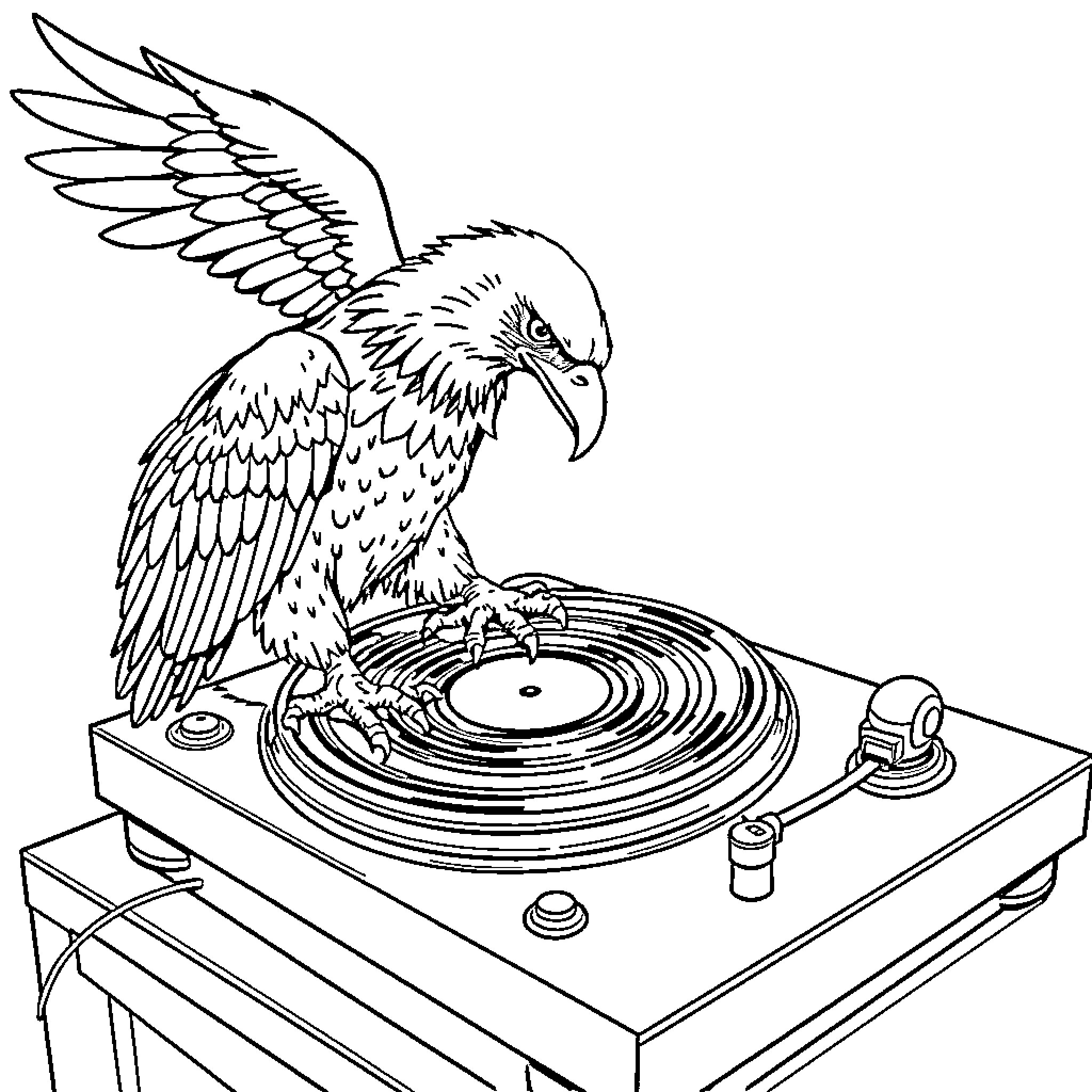 Eagle playing with vintage record player Coloring Page (free black-and-white line drawing printable PDF for all, from beginners to advanced learners, including children, teens, adults, and seniors)