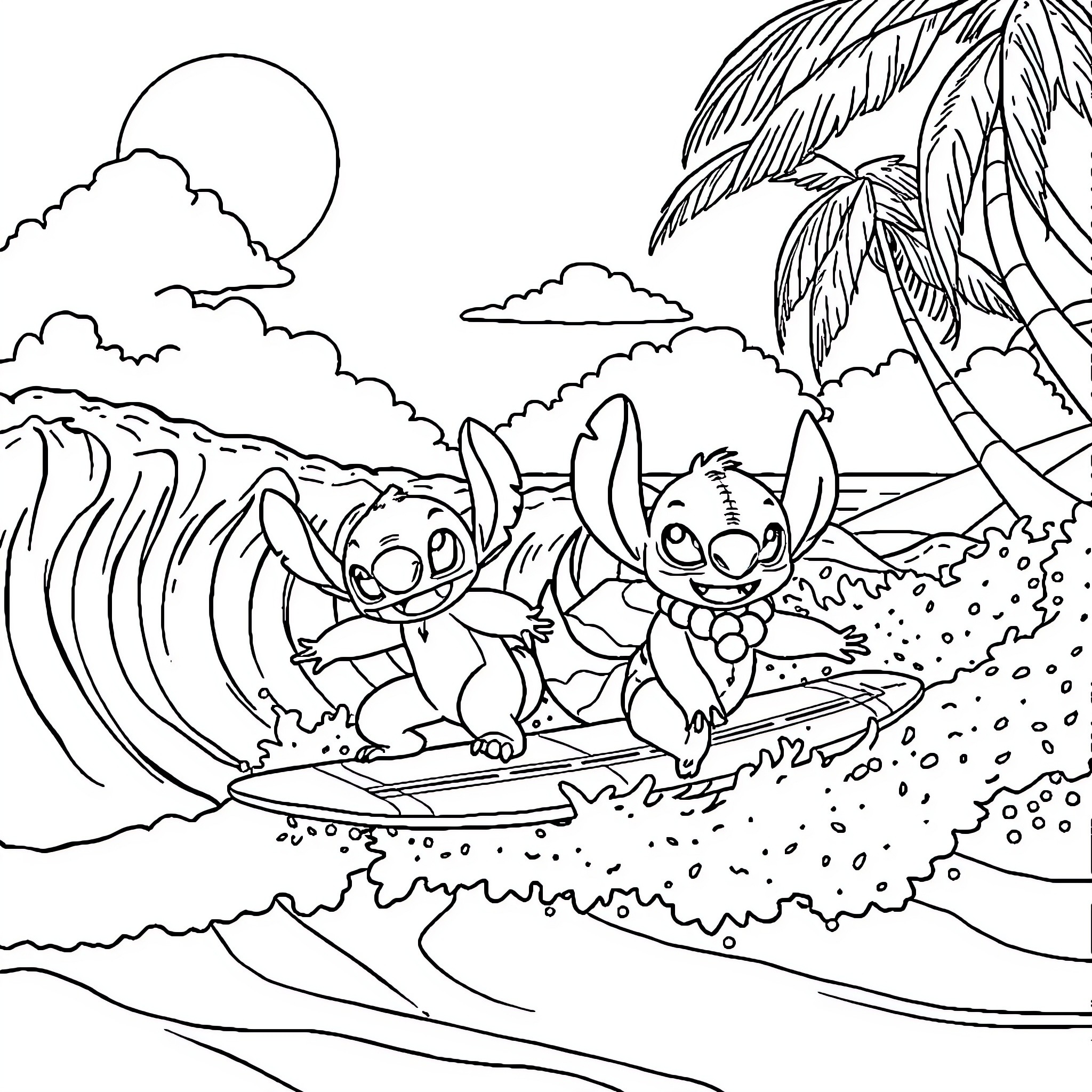 Pokémon Stitch and Lilo Surfing on the Beach Coloring Page (free black-and-white line drawing printable PDF for all, from beginners to advanced learners, including children, teens, adults, and seniors)