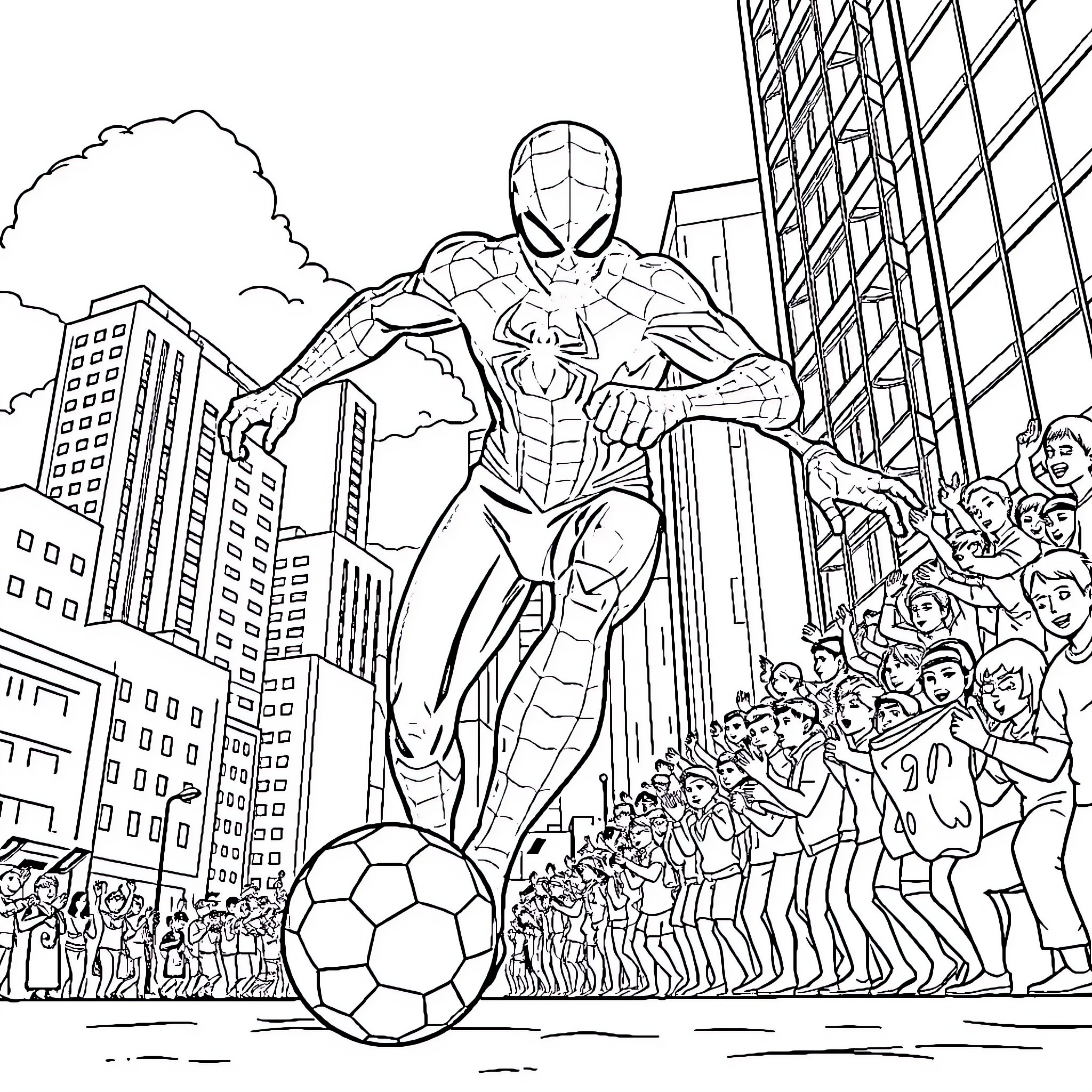 Spider-Man swinging through the city with a soccer ball Coloring Page (free black-and-white line drawing printable PDF for all, from beginners to advanced learners, including children, teens, adults, and seniors)
