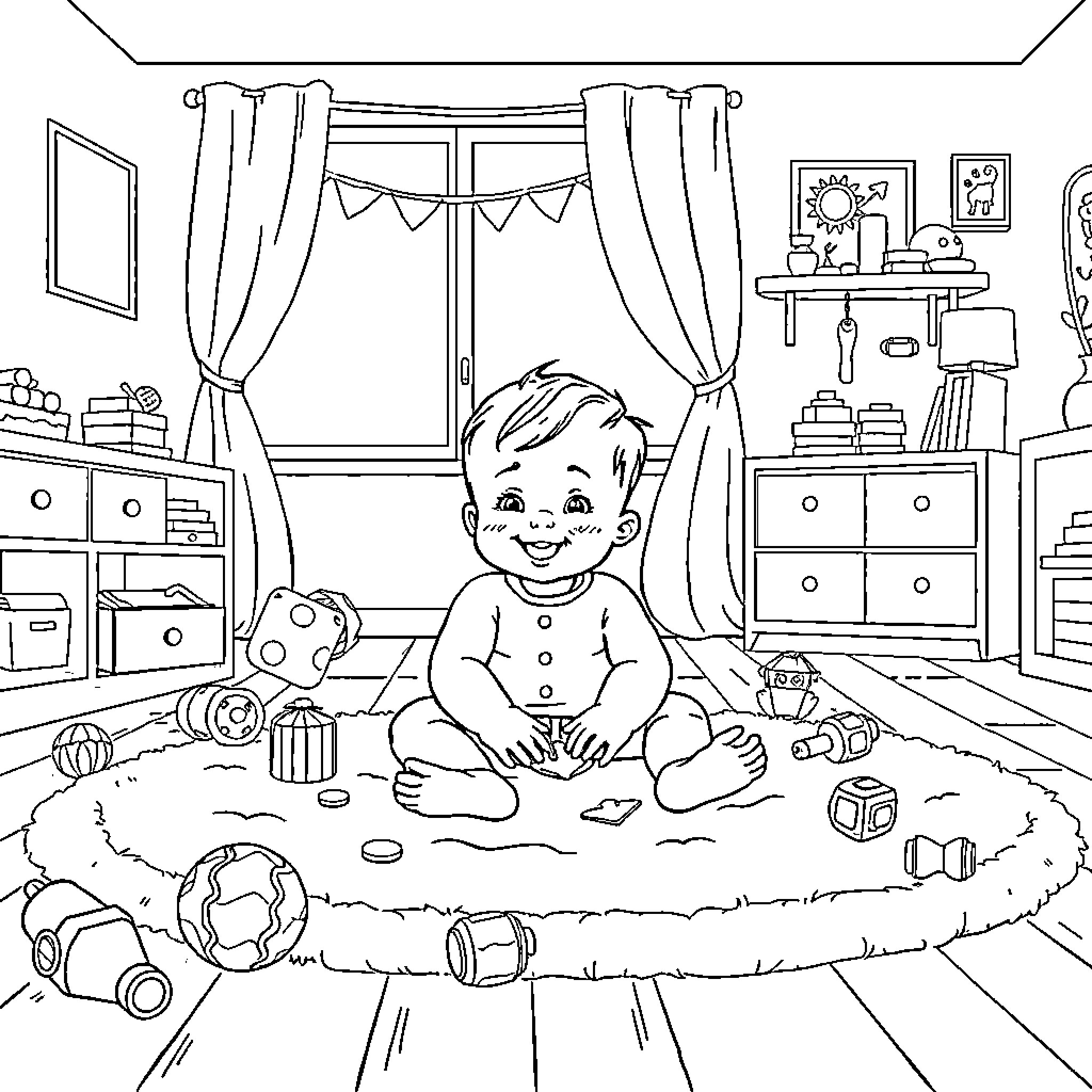 Baby playing happily with toys in the room Coloring Page (free black-and-white line drawing printable PDF for all, from beginners to advanced learners, including children, teens, adults, and seniors)