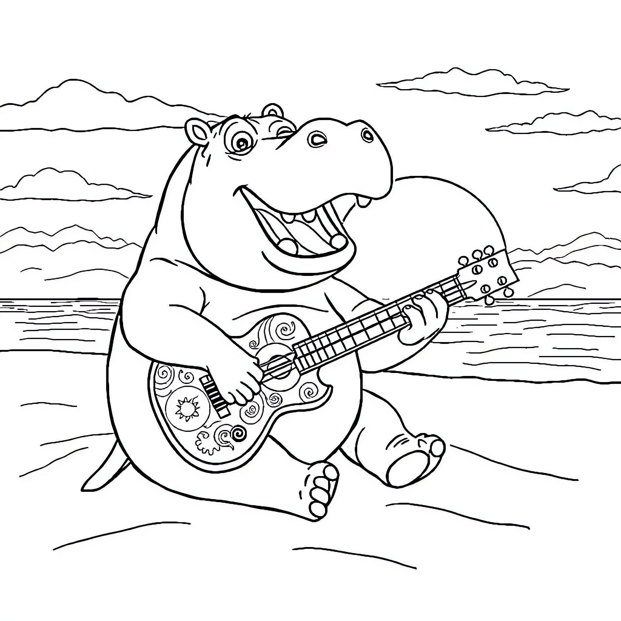Hippo playing guitar on the beach Coloring Page (free black-and-white line drawing printable PDF for all, from beginners to advanced learners, including children, teens, adults, and seniors)