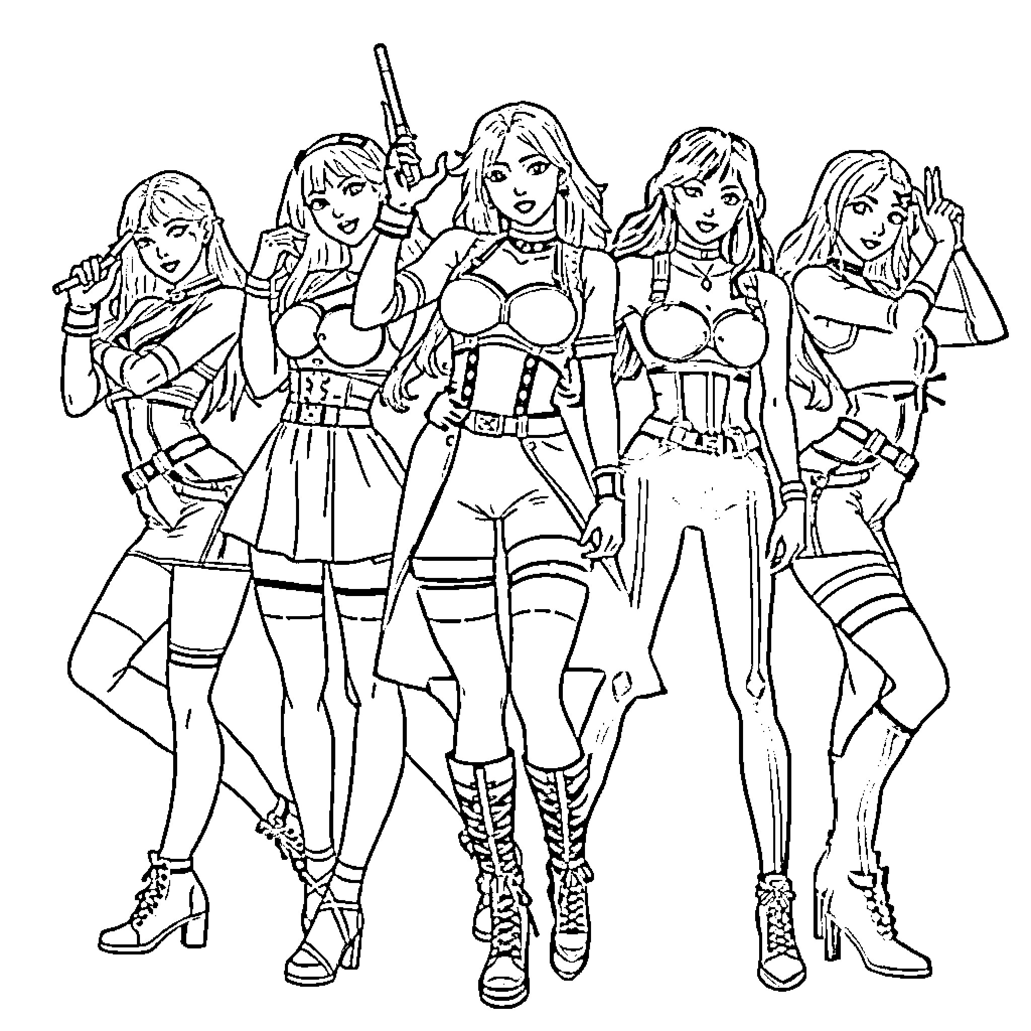 Kpop Warriors in Action-Packed Poses Coloring Page (free black-and-white line drawing printable PDF for all, from beginners to advanced learners, including children, teens, adults, and seniors)