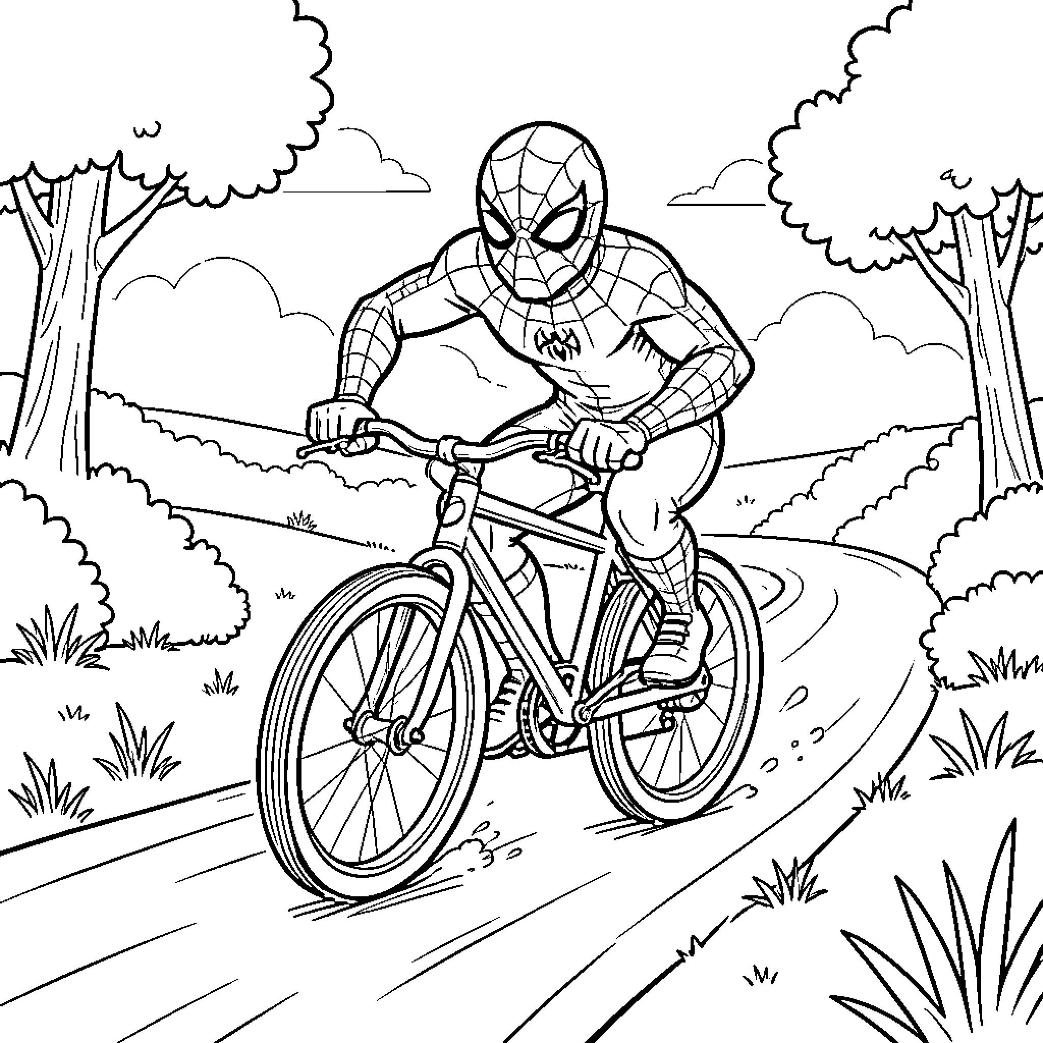 Spidey riding a bicycle through a scenic park Coloring Page (free black-and-white line drawing printable PDF for all, from beginners to advanced learners, including children, teens, adults, and seniors)