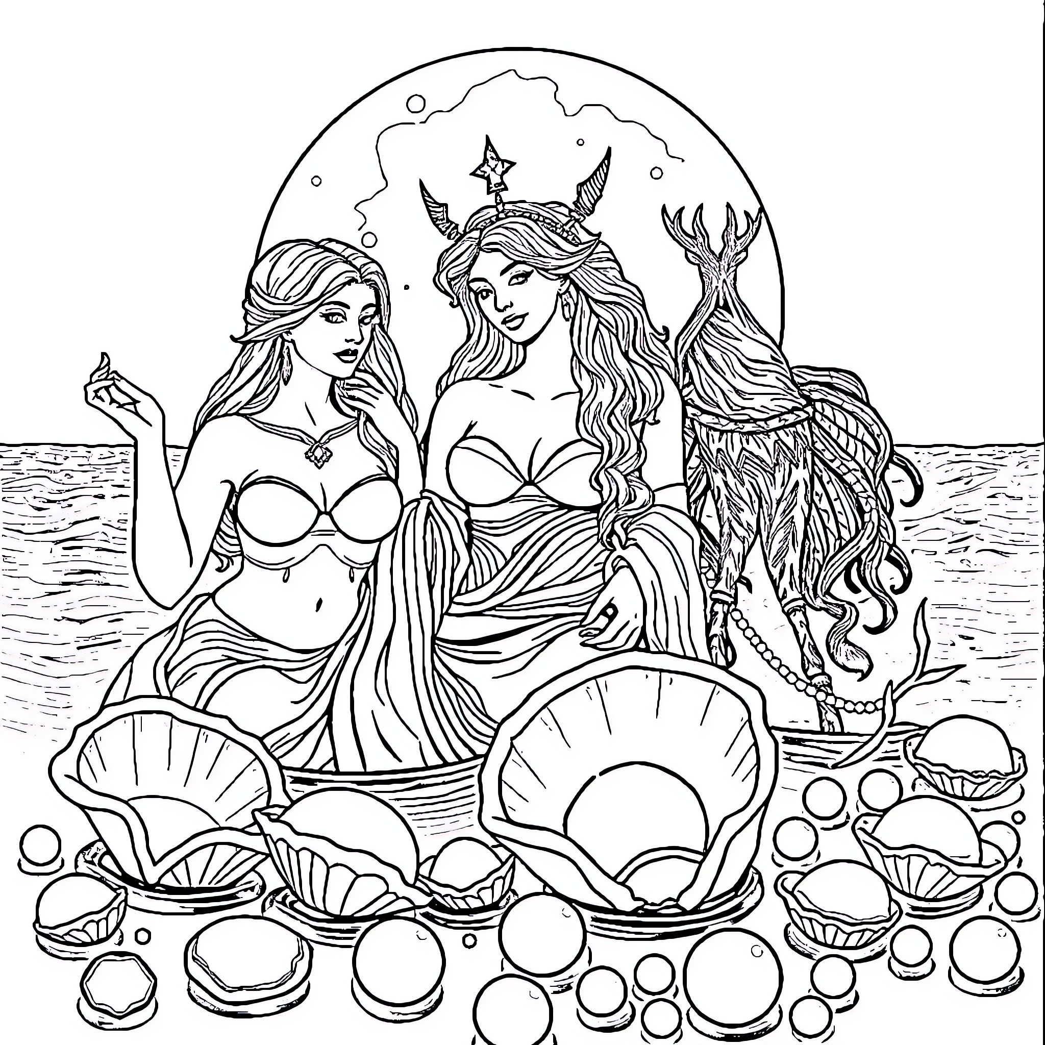 Aphrodite and Athena in Underwater Realm Coloring Page (free black-and-white line drawing printable PDF for all, from beginners to advanced learners, including children, teens, adults, and seniors)