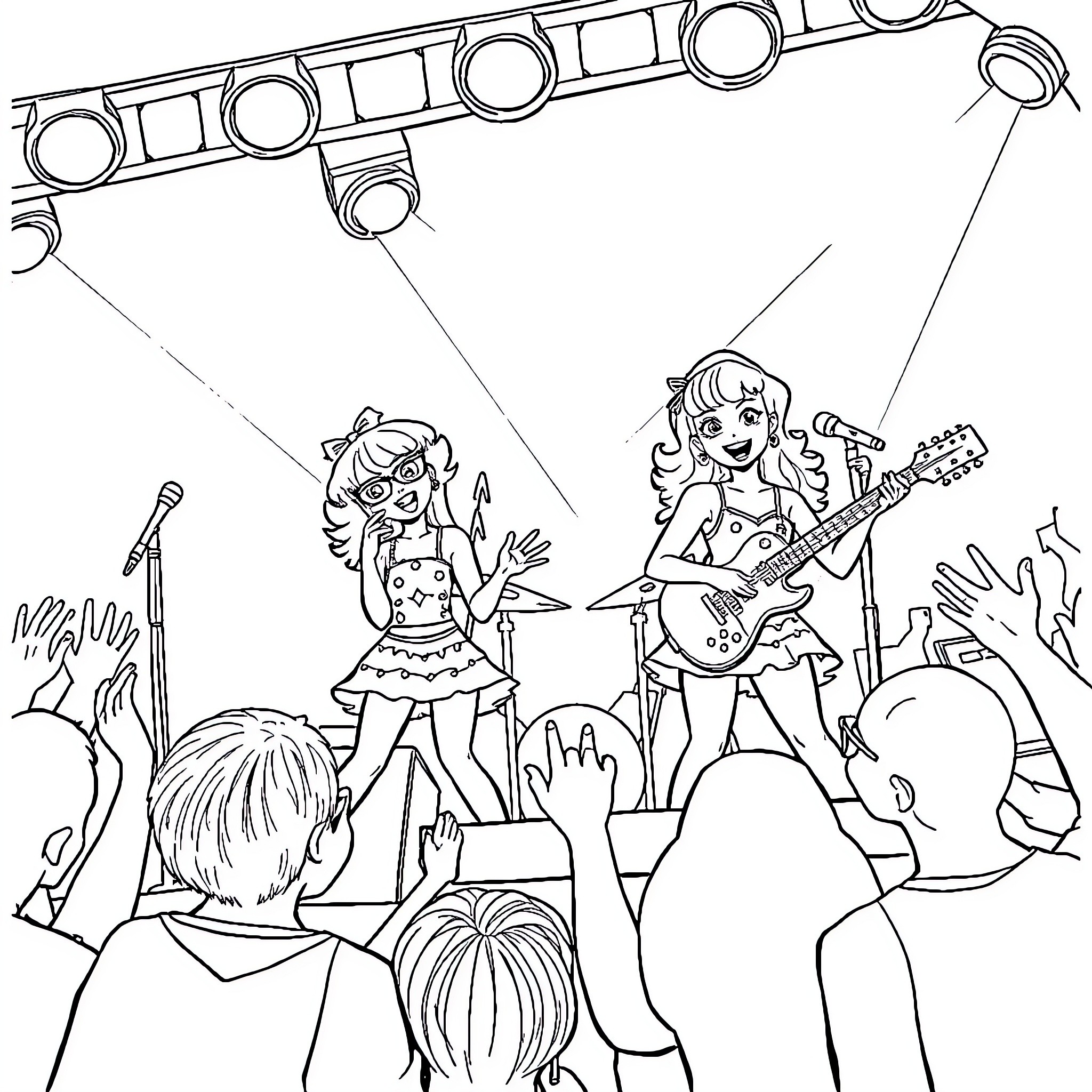 Chipette Singers Performing on Stage for Cheering Crowd Coloring Page (free black-and-white line drawing printable PDF for all, from beginners to advanced learners, including children, teens, adults, and seniors)