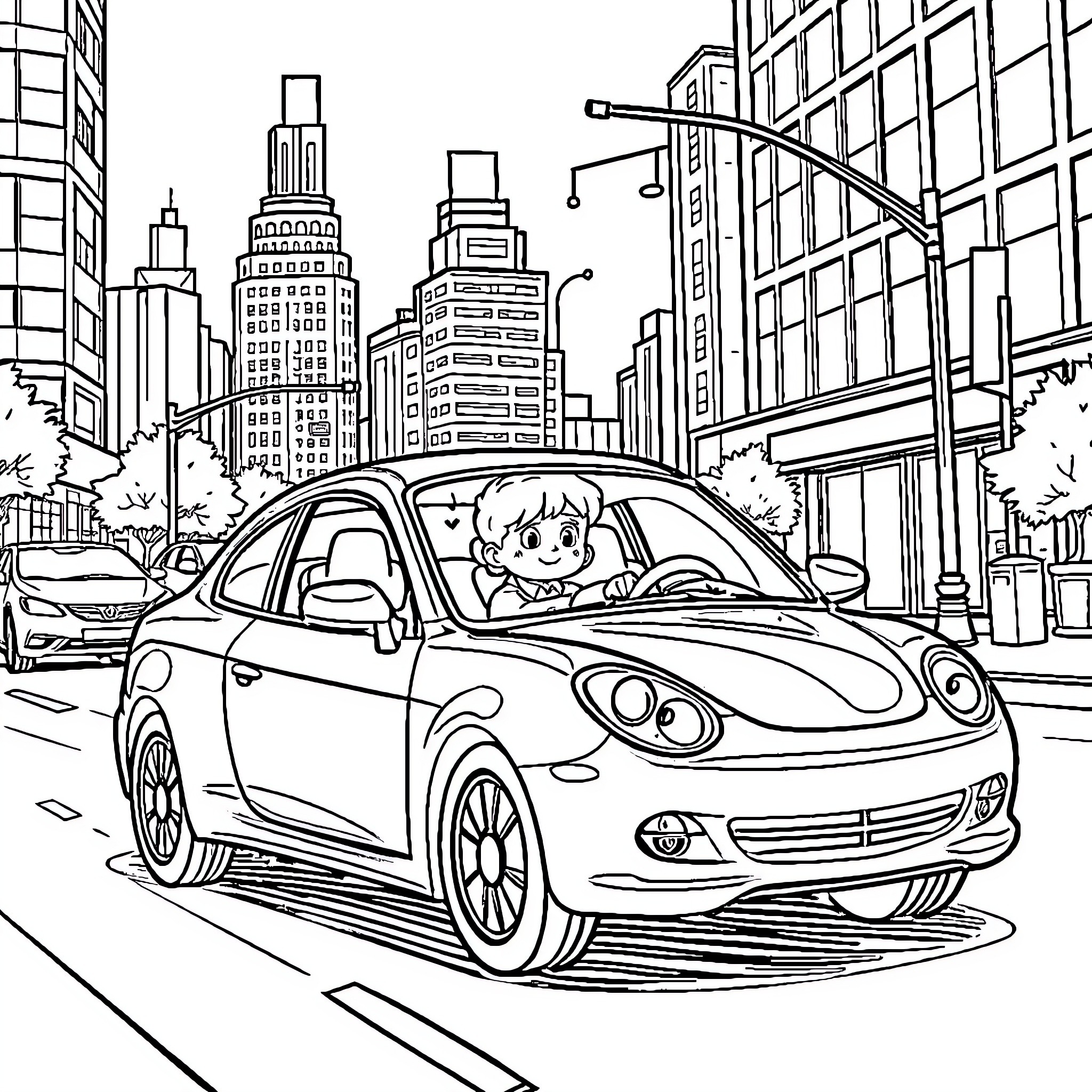 Cay Driving Happily in the City Coloring Page (free black-and-white line drawing printable PDF for all, from beginners to advanced learners, including children, teens, adults, and seniors)