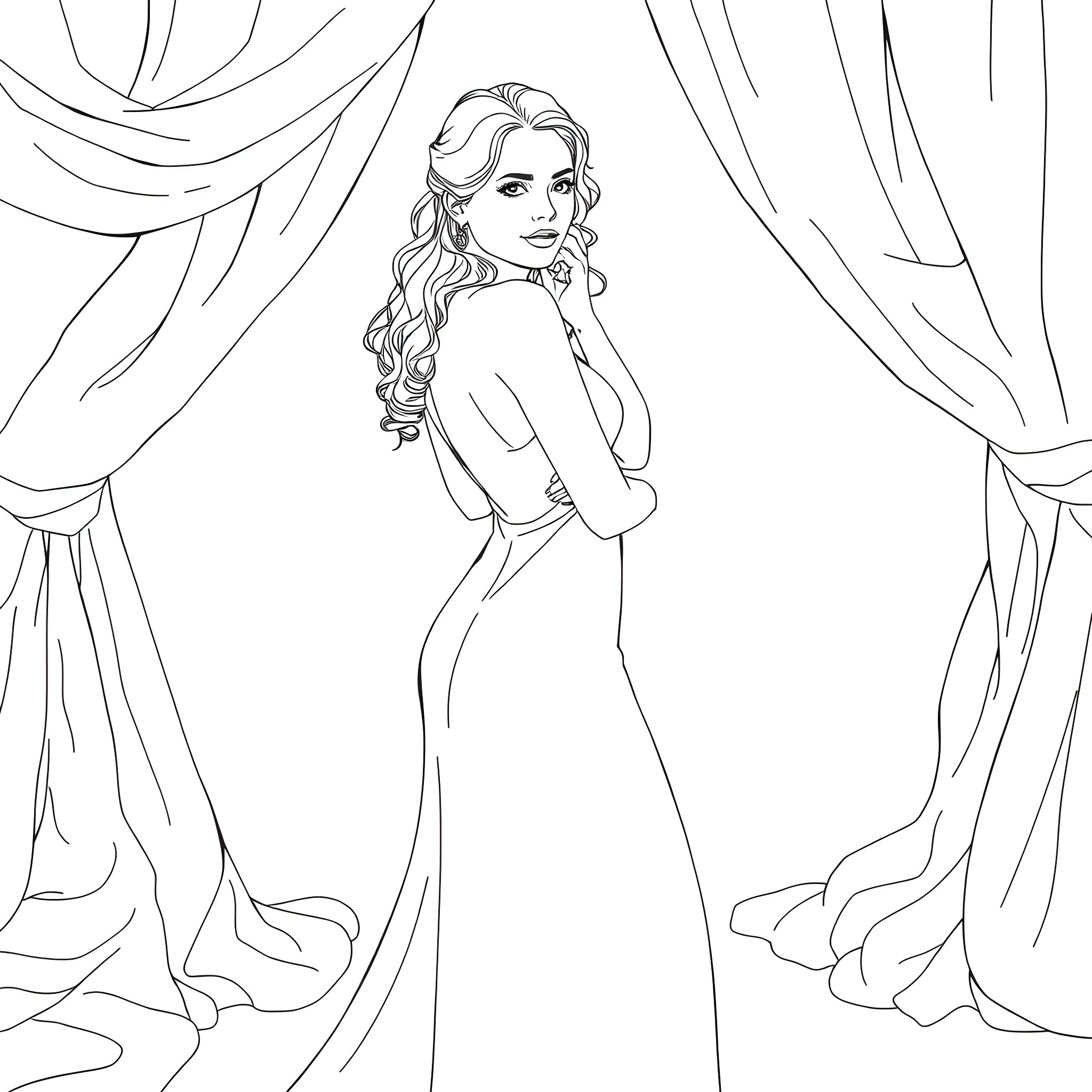 Addison Rae in Elegant Formal Attire Coloring Page (free black-and-white line drawing printable PDF for all, from beginners to advanced learners, including children, teens, adults, and seniors)