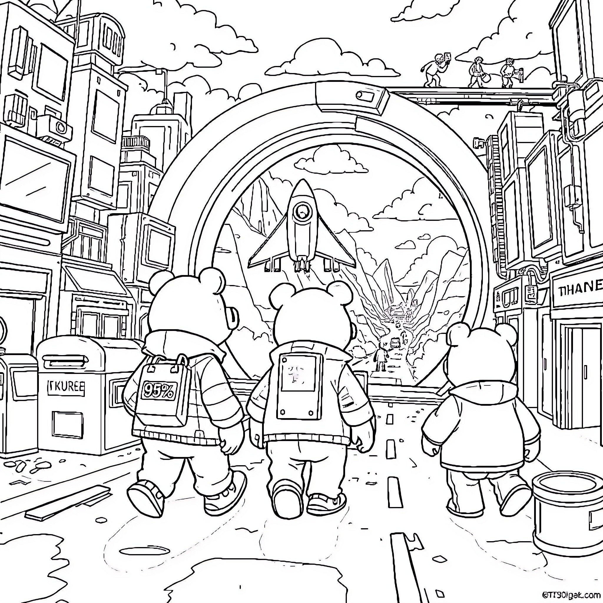 Bear Astronauts Exploring Futuristic City Coloring Page (free black-and-white line drawing printable PDF for all, from beginners to advanced learners, including children, teens, adults, and seniors)